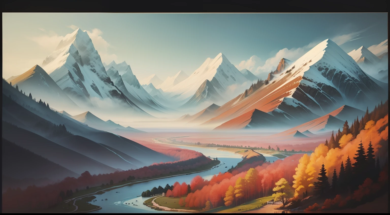 Paint a magnificent landscape painting,chinese paintings,China-style,It's ink painting,There are mountains above,There are rivers,There are forests