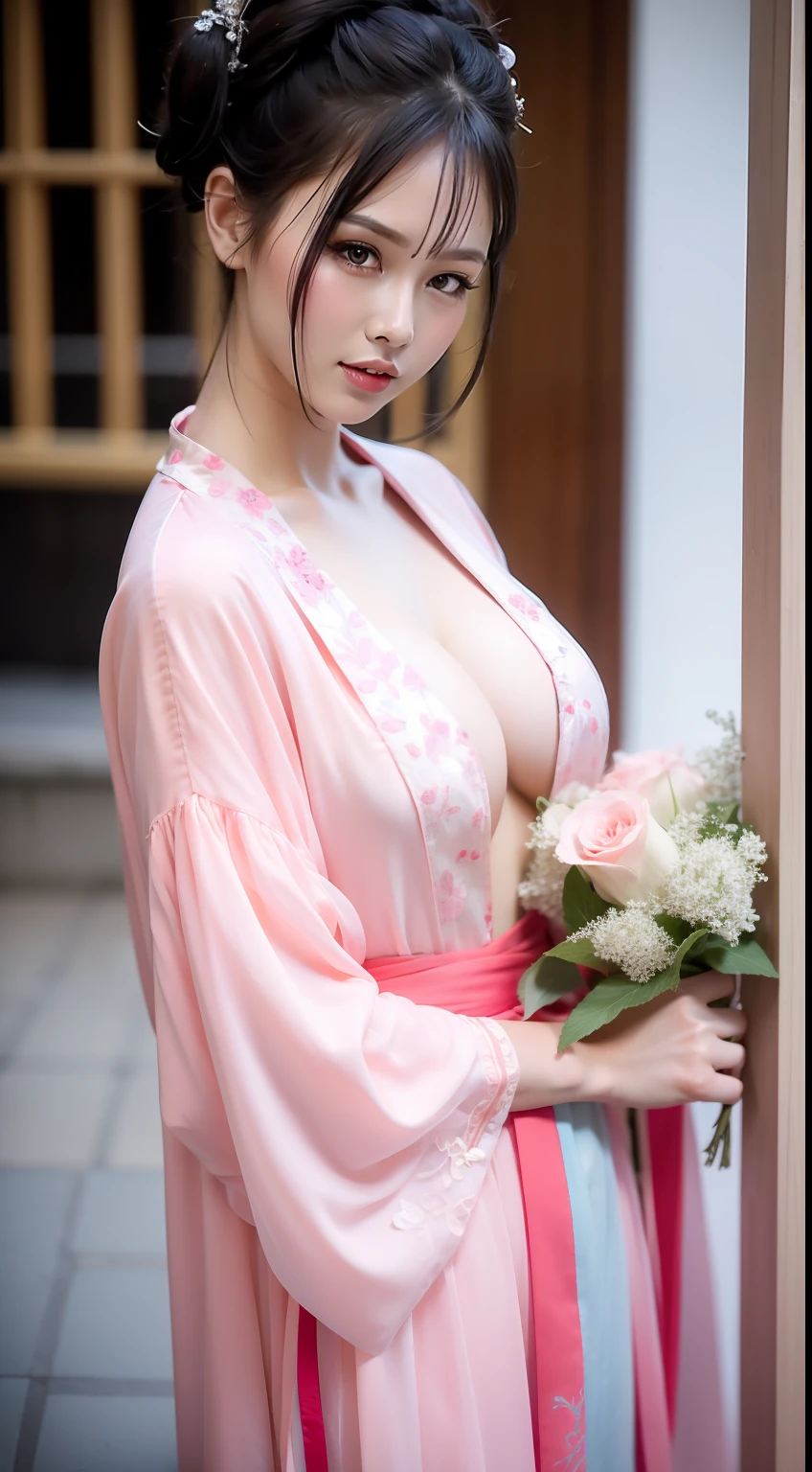 Fashion model  [[[[closeup cleavage]]]], [[[[boobgasm]]]], [[[[coll]]]], [[[[bshoulders]]]], perfect  eyes, Perfect iris，perfect lips，perfect teeth，Perfect skin，Long face，HDR，filmgirl，red attire，white apparel，Pink clothing，White or pink flowers on the background，（pastel colour：1.2）