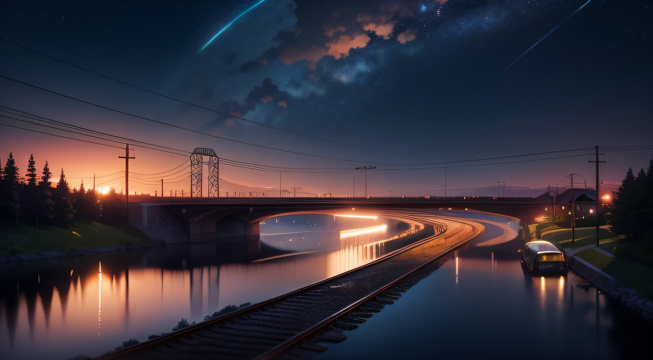 High quality masterpiece, landscape, anime train passing through bodies of water on tracks, bright starry sky. Romantic train, pixiv, concept art, lofi art style, reflection. by Makoto Shinkai, lofi art, Beautiful anime scene, Anime landscape, detailed scenery —width 672, in style of Makoto shinkai, style of Makoto shinkai, enhanced details.