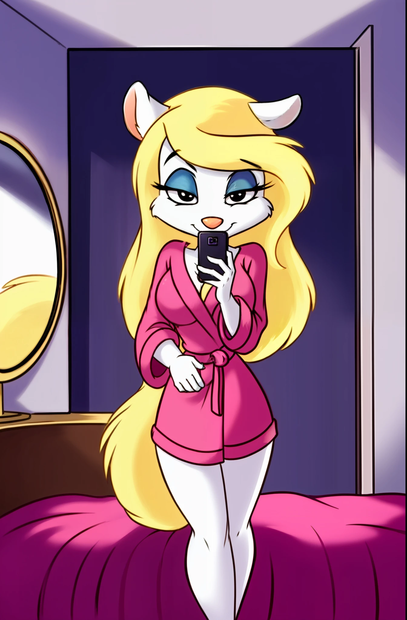 1girl, MinervaMinkCzar,(furry, furry female, full body), (animal ears, long tail, blonde tail, snout, swept bangs, long hair, blonde hair, makeup, black eyes, blue eyeshadow), (pink robe, fur trim \(clothing\), on front, holding phone, talking on phone, on bed, seductive), (indoors, bedroom, bed, vanity mirror), (masterpiece:1.2), hires, (detailed face:1.2), (detailed eyes:1.2), perfect skin, ultra-high resolution, 8K, high quality, (sharp focus:1.2), clean, crisp, cinematic,