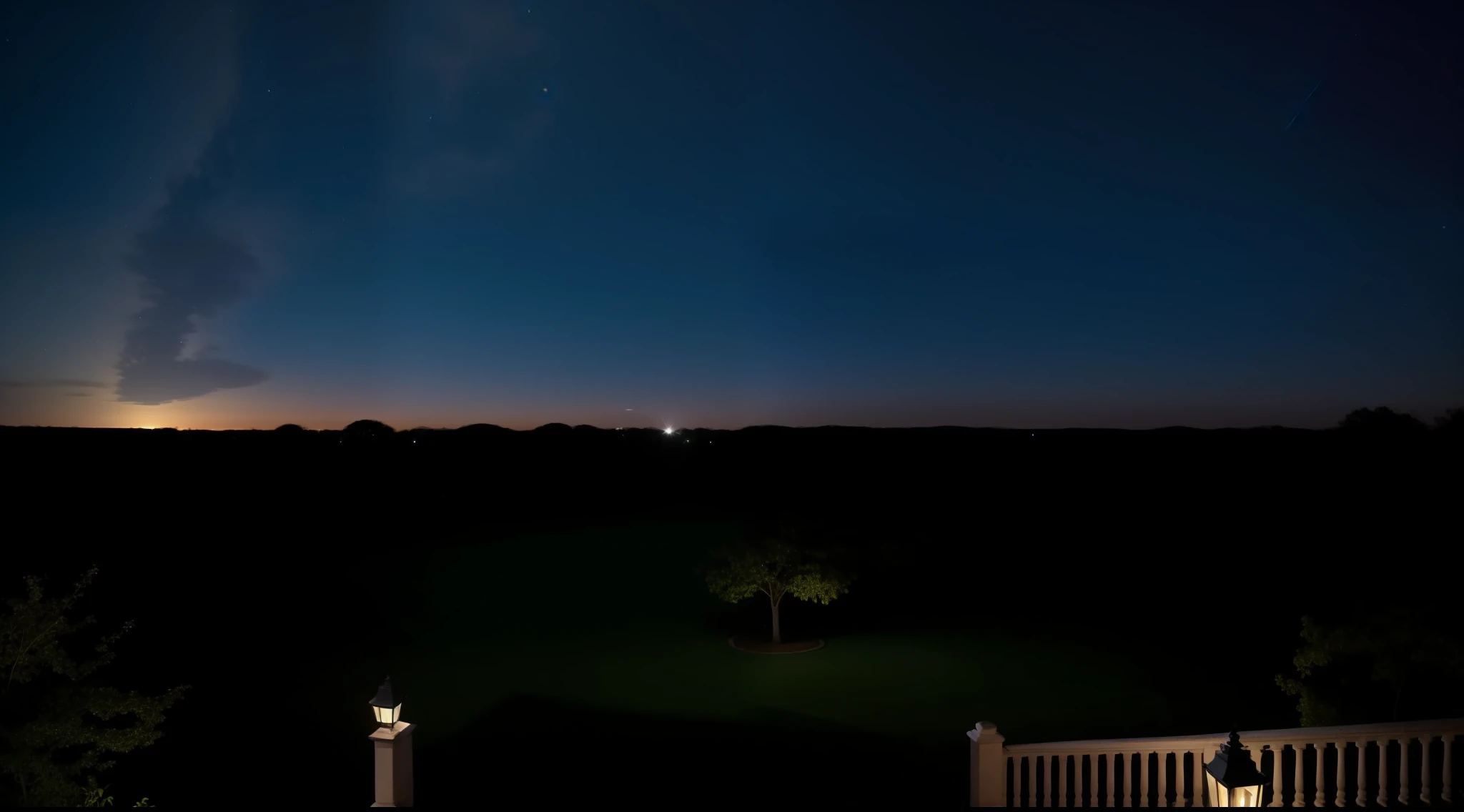 Plano de fundo, night starry skies, From the balcony of a colonial mansion a farmer watches everything intently