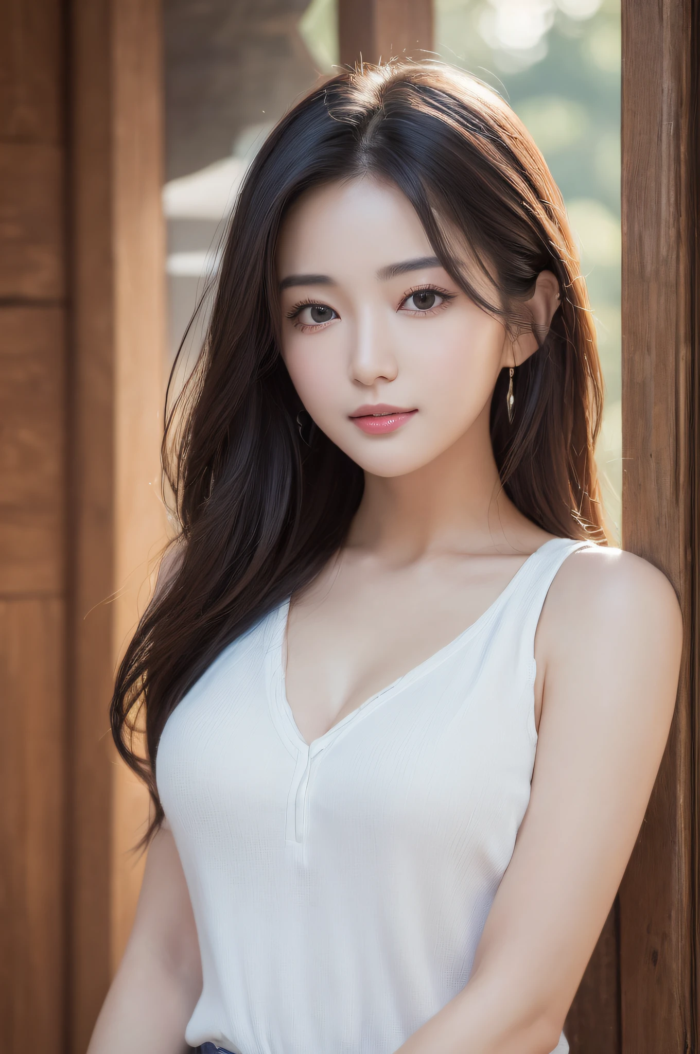 ((best qualtiy、8k masterpieces:1.3))、foco nítido:1.2、(ultra beautiful faces:1.0)、(shinny skin:1.0)、photos realistic、A dark-haired、Video Lighting、High-definition eyes and face、Video Lighting、(cowboy shot:1.3)、(Korean Cute Actress)、from the front side、medium large breasts、ssmile、Sleeveless、Wearing a white blouse