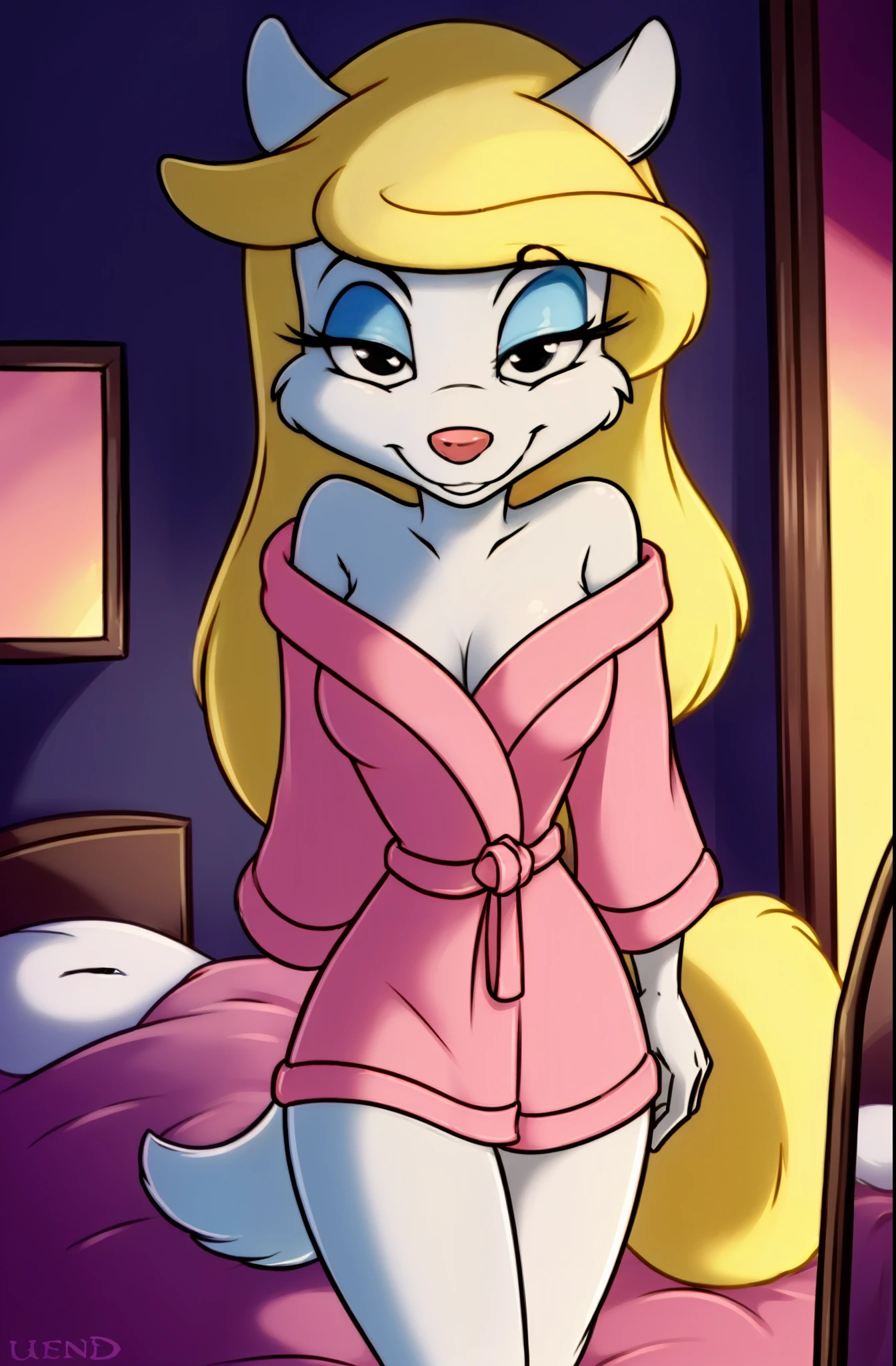 1girl, MinervaMinkCzar,(furry, furry female, full body), (animal ears, long tail, blonde tail, snout, swept bangs, long hair, blonde hair, makeup, black eyes, blue eyeshadow), (pink robe, fur trim \(clothing\), on front, holding phone, talking on phone, on bed, seductive), (indoors, bedroom, bed, vanity mirror), (masterpiece:1.2), hires, (detailed face:1.2), (detailed eyes:1.2), perfect skin, ultra-high resolution, 8K, high quality, (sharp focus:1.2), clean, crisp, cinematic,