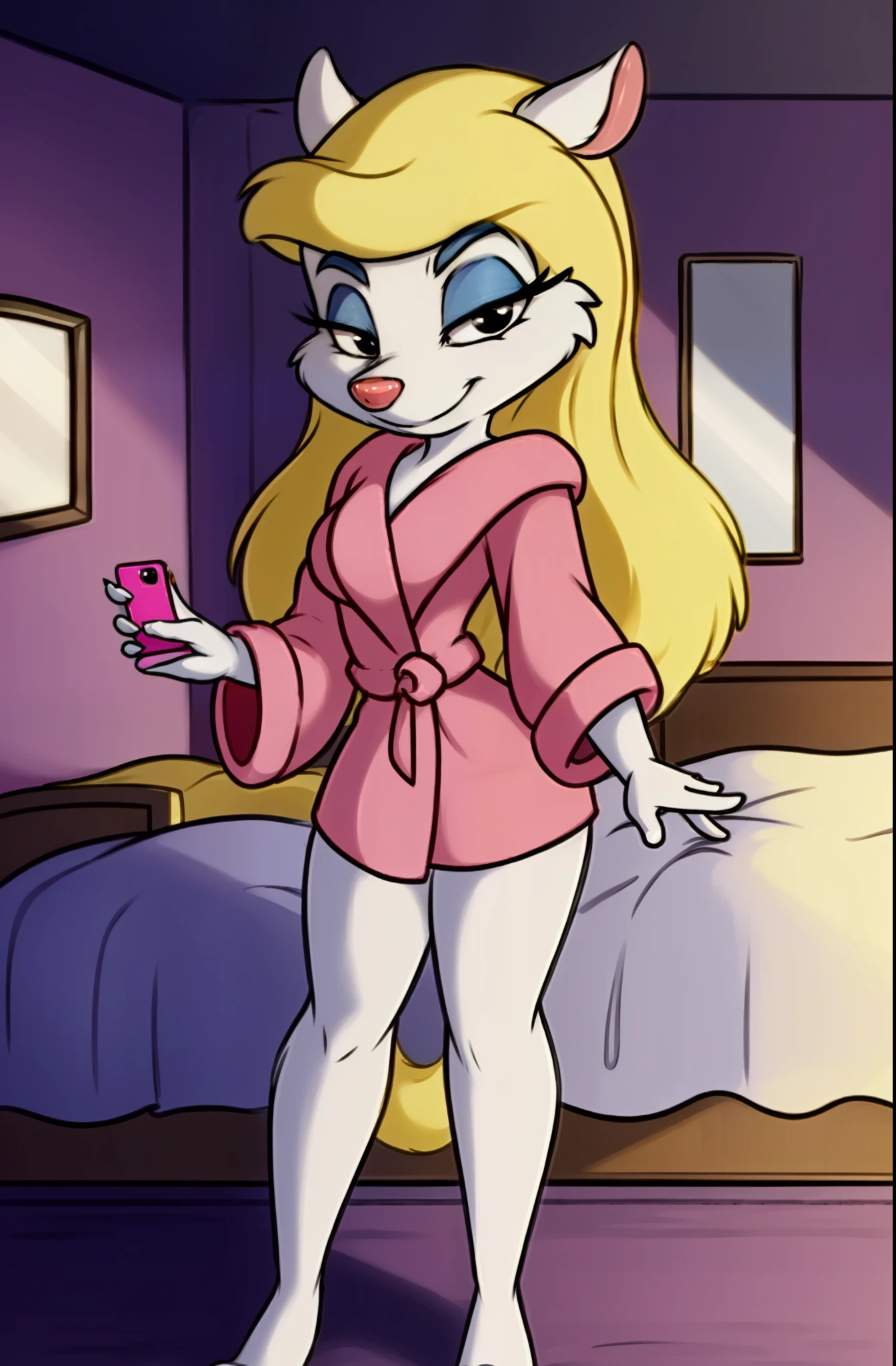 1girl, MinervaMinkCzar,(furry, furry female, full body), (animal ears, long tail, blonde tail, snout, swept bangs, long hair, blonde hair, makeup, black eyes, blue eyeshadow), (pink robe, fur trim \(clothing\), on front, holding phone, talking on phone, on bed, seductive), (indoors, bedroom, bed, vanity mirror), (masterpiece:1.2), hires, (detailed face:1.2), (detailed eyes:1.2), perfect skin, ultra-high resolution, 8K, high quality, (sharp focus:1.2), clean, crisp, cinematic,