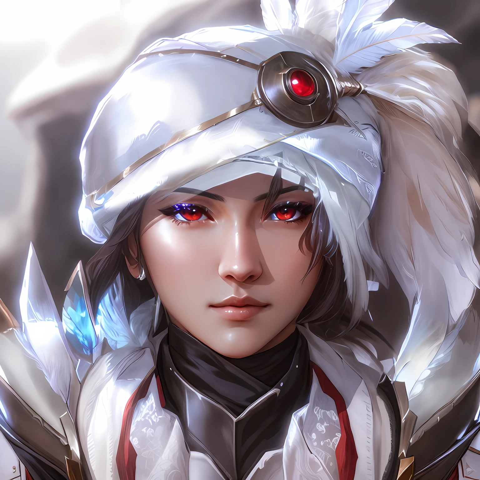 a close up of a person wearing a hat and a feather, with red eyes, in monster hunter armor, character close up, final fantasy 14 style, wearing monster hunter armor, glossy white armor, character close-up, detailed armor with white scarf, closeup portrait of an mage, blade and soul, final fantasy 1 4, close up character, final fantasy 14 sharp
