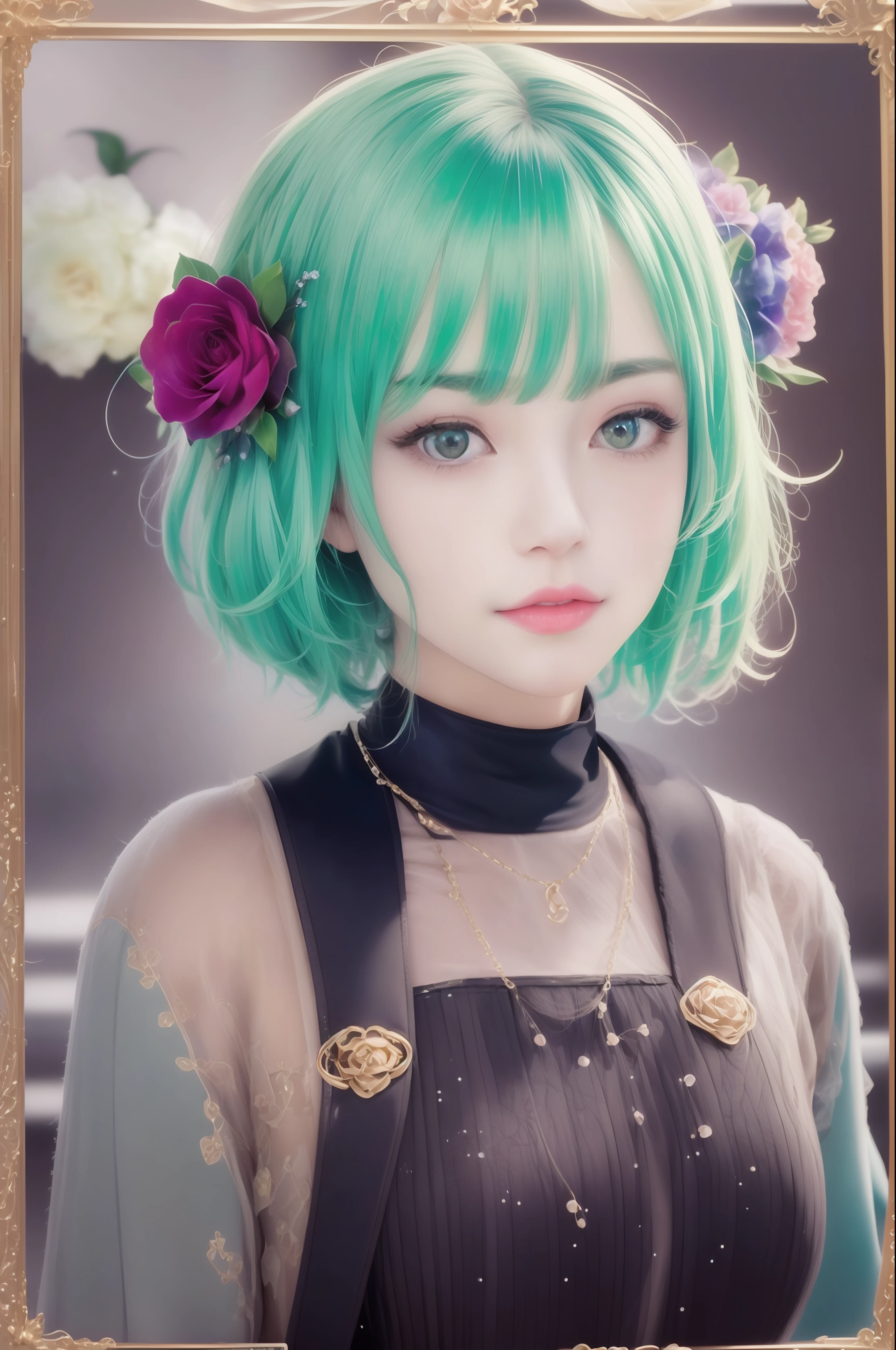 Photographic portrait of beautiful women, Sony α7, 35mm Lens, f1.8、((Konmutsuki_gacha_series1, punk_rosette))), cute girl, aqua color flowers, (full body), elegant flowers background, realistic photo, beautiful woman, Beautiful girl, beautiful background, charming girls, realistic 3d style, photo realistic render