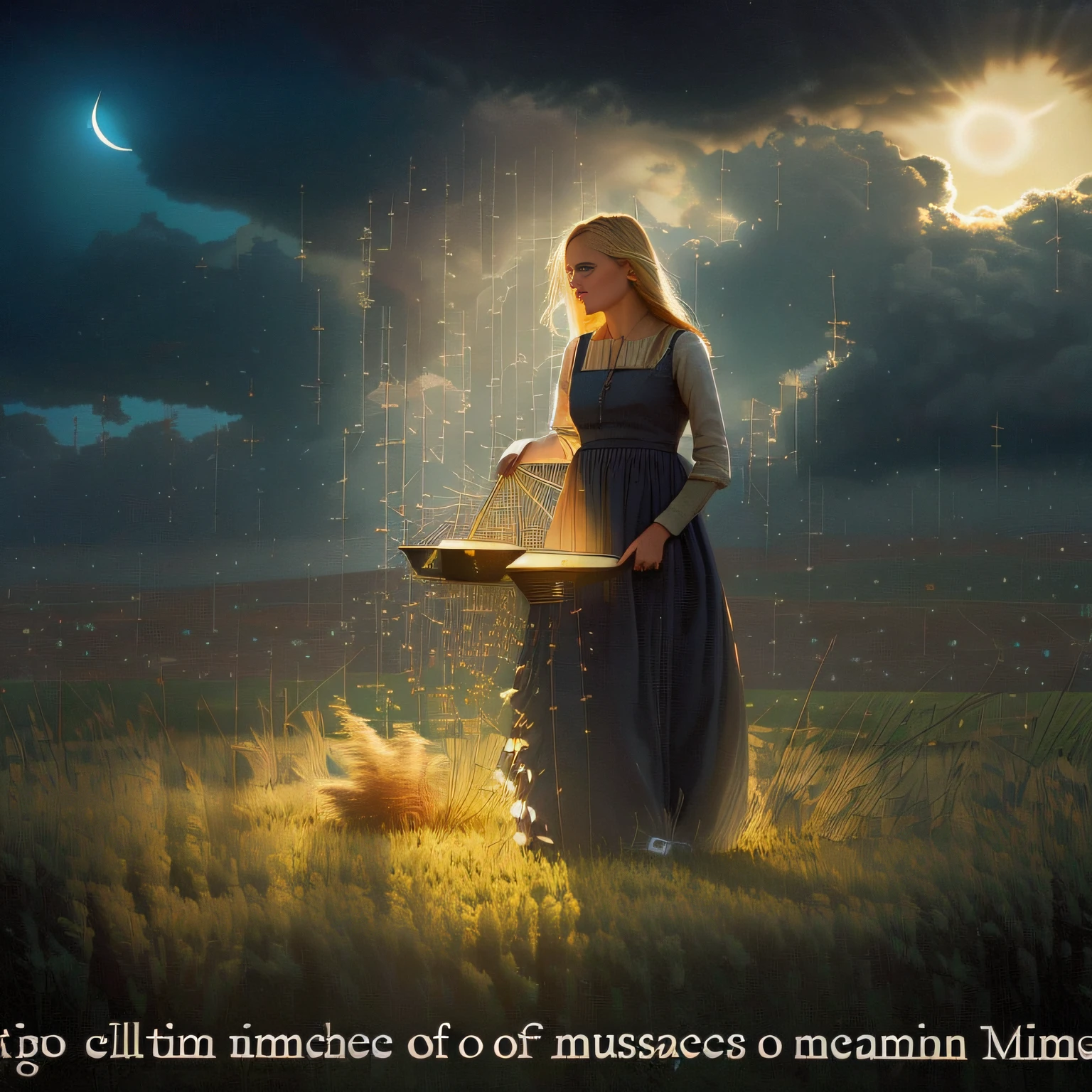 a moon,clouds,rays of sunshine,Sateen,woman,optic,grassy fields