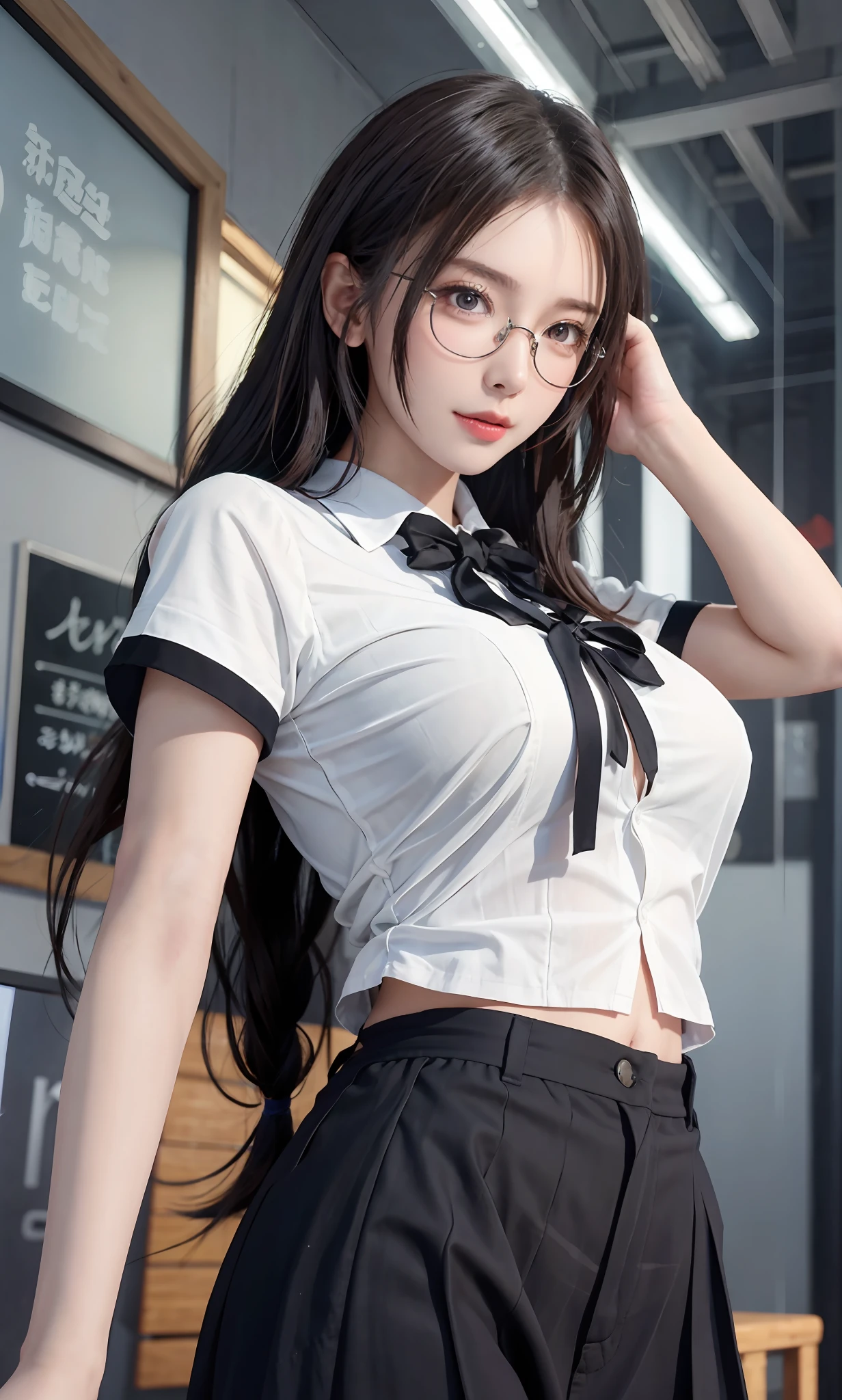 (RAW photos:1.2),high high quality,Beautiful Meticulous Girl,Highly detailed eyes and face,beatiful detailed eyes,hugefilesize,A high resolution,8k wallpaper,finely detailled,Highly detailed stock code uniform 8k wallpaper,light in face,电影灯光,16 year old girl,A sexy pose,(photo-realism:1.4),illustratio,ultra-realistic realism,super detailing, tmasterpiece, Current School Classroom,On the podium,Wear a school uniform,wears glasses,Bigchest,low chest