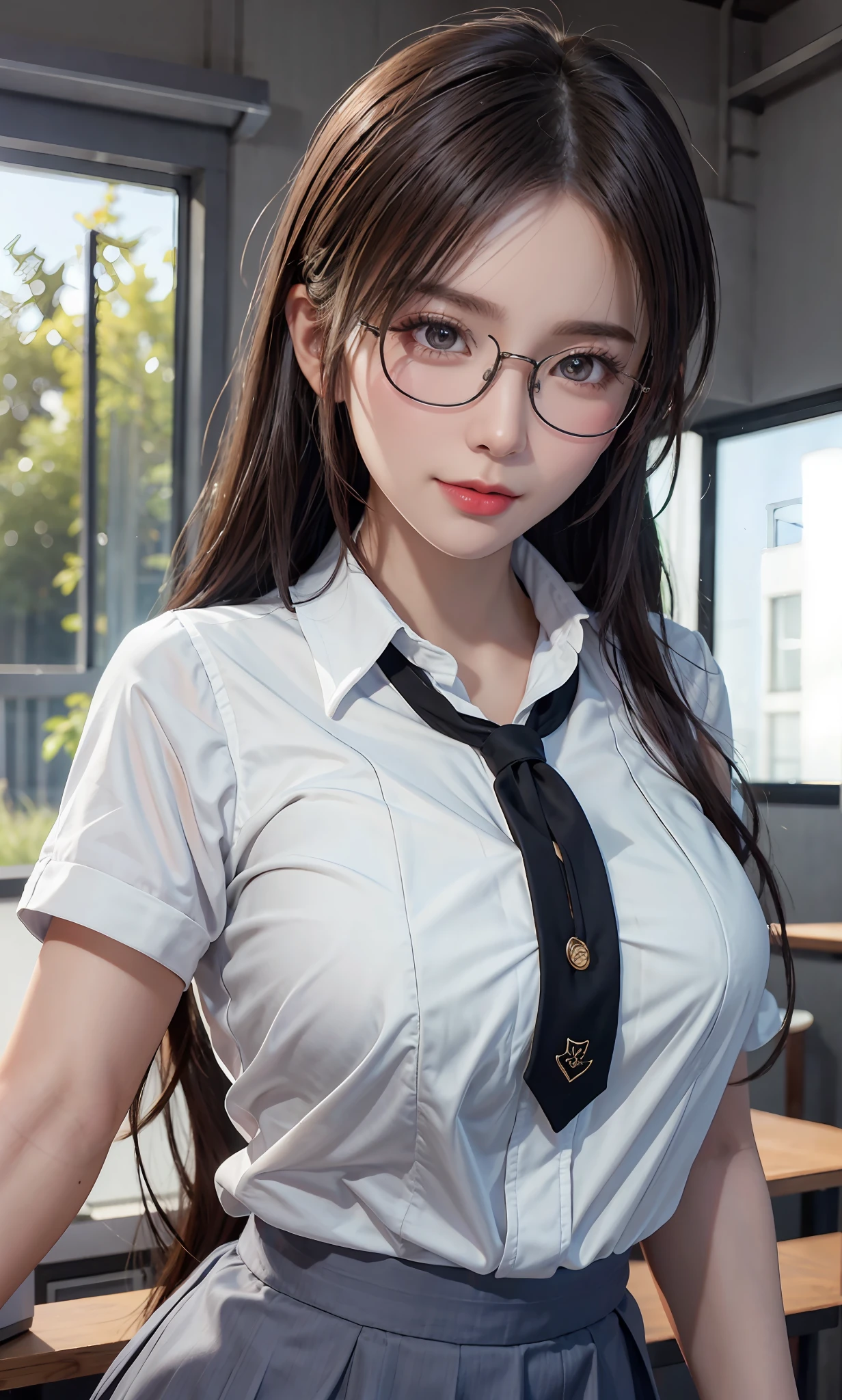 （RAW photos：1.2），high high quality，Beautiful Meticulous Girl，Highly detailed eyes and face，beatiful detailed eyes，hugefilesize，A high resolution，8k wallpaper，finely detailled，Highly detailed stock code uniform 8k wallpaper，light in face，电影灯光， girl，A sexy pose，（photo-realism：1.4），illustratio，ultra-realistic realism，super detailing， tmasterpiece， Current School Classroom，On the podium，Wear a school uniform，wears glasses，Bigchest，low chest