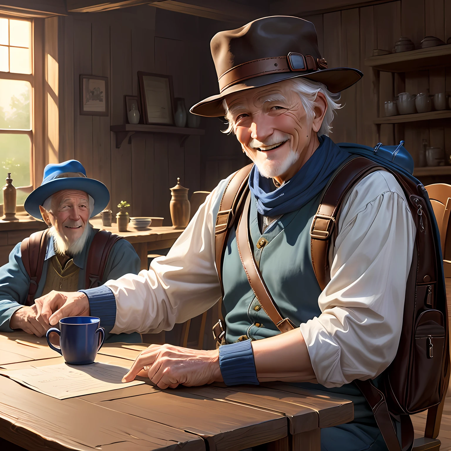 White old man, with a big leather backpack, and a pointy blue hat, smiling at a tavern table, RPG, Fantasy
