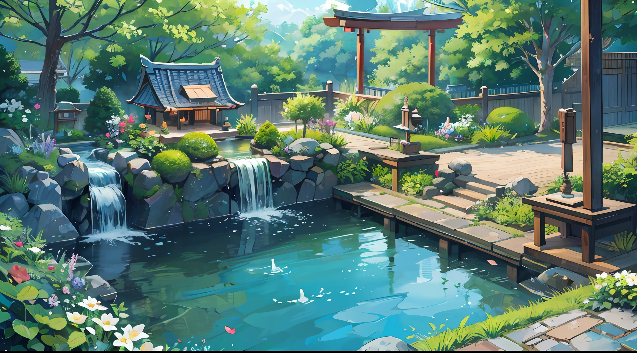 miniature garden、​masterpiece、top-quality、Top image quality、A Japanese style、mansion、Water channels、Waterwheel、flower garden、Beautiful fece、beautiful water、Water Main