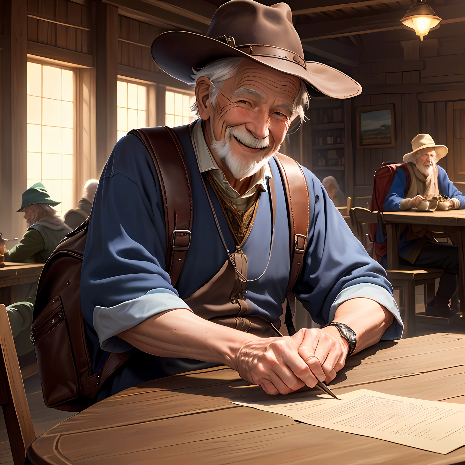 White old man, with a big leather backpack, and a pointy blue hat, smiling at a tavern table, RPG, Fantasy