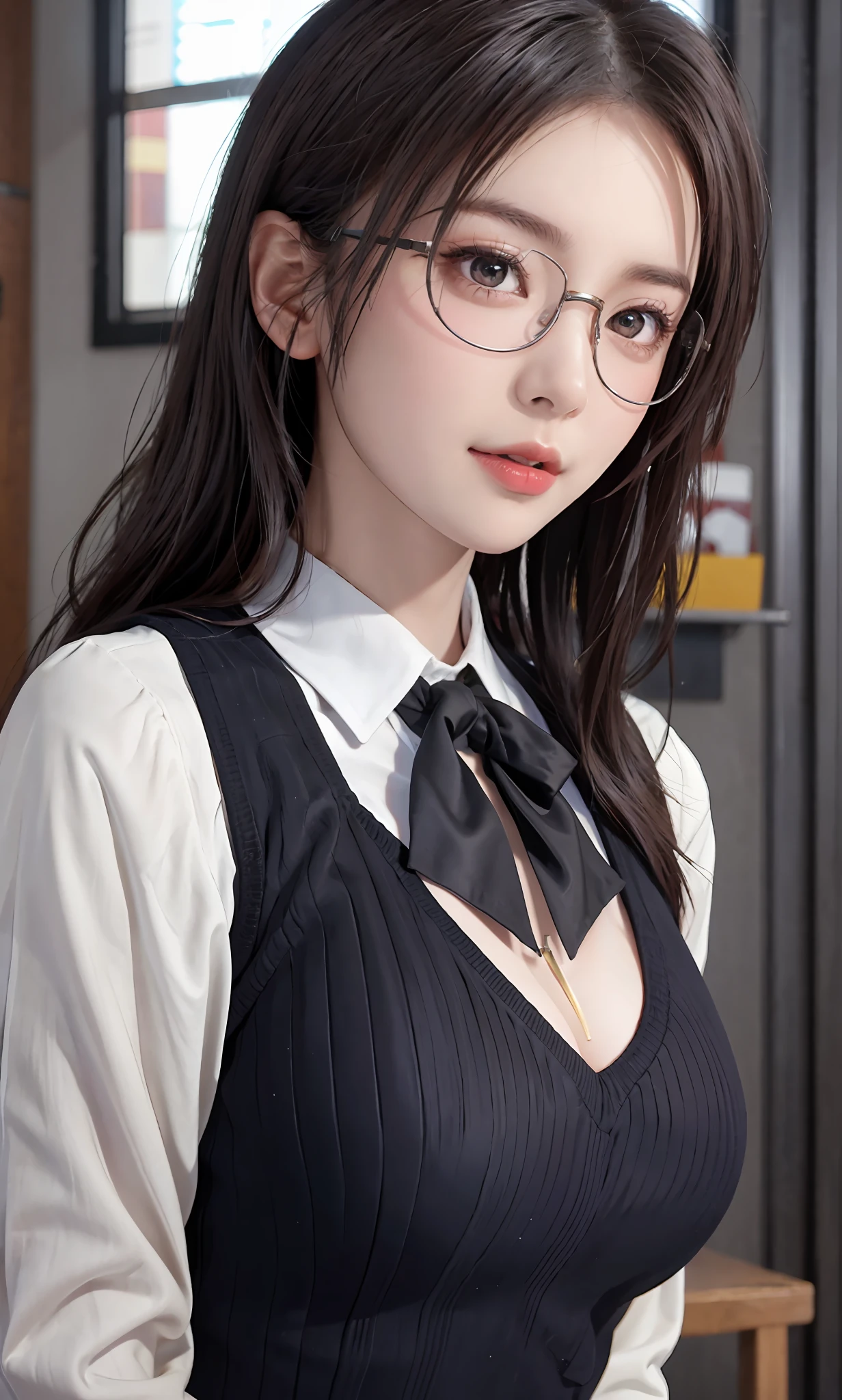 (RAW photos:1.2),high high quality,Beautiful Meticulous Girl,Highly detailed eyes and face,beatiful detailed eyes,hugefilesize,A high resolution,8k wallpaper,finely detailled,Highly detailed stock code uniform 8k wallpaper,light in face,电影灯光,16 year old girl,A sexy pose,(photo-realism:1.4),illustratio,ultra-realistic realism,super detailing, tmasterpiece, Current School Classroom,On the podium,Wear a school uniform,wears glasses,Bigchest,low chest,Background student seat