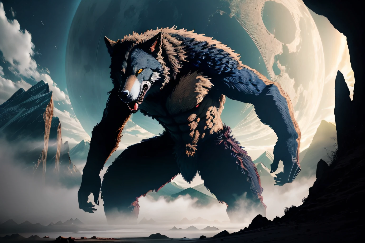 giant werewolf in alien planet), hyper realistic photography, detailed