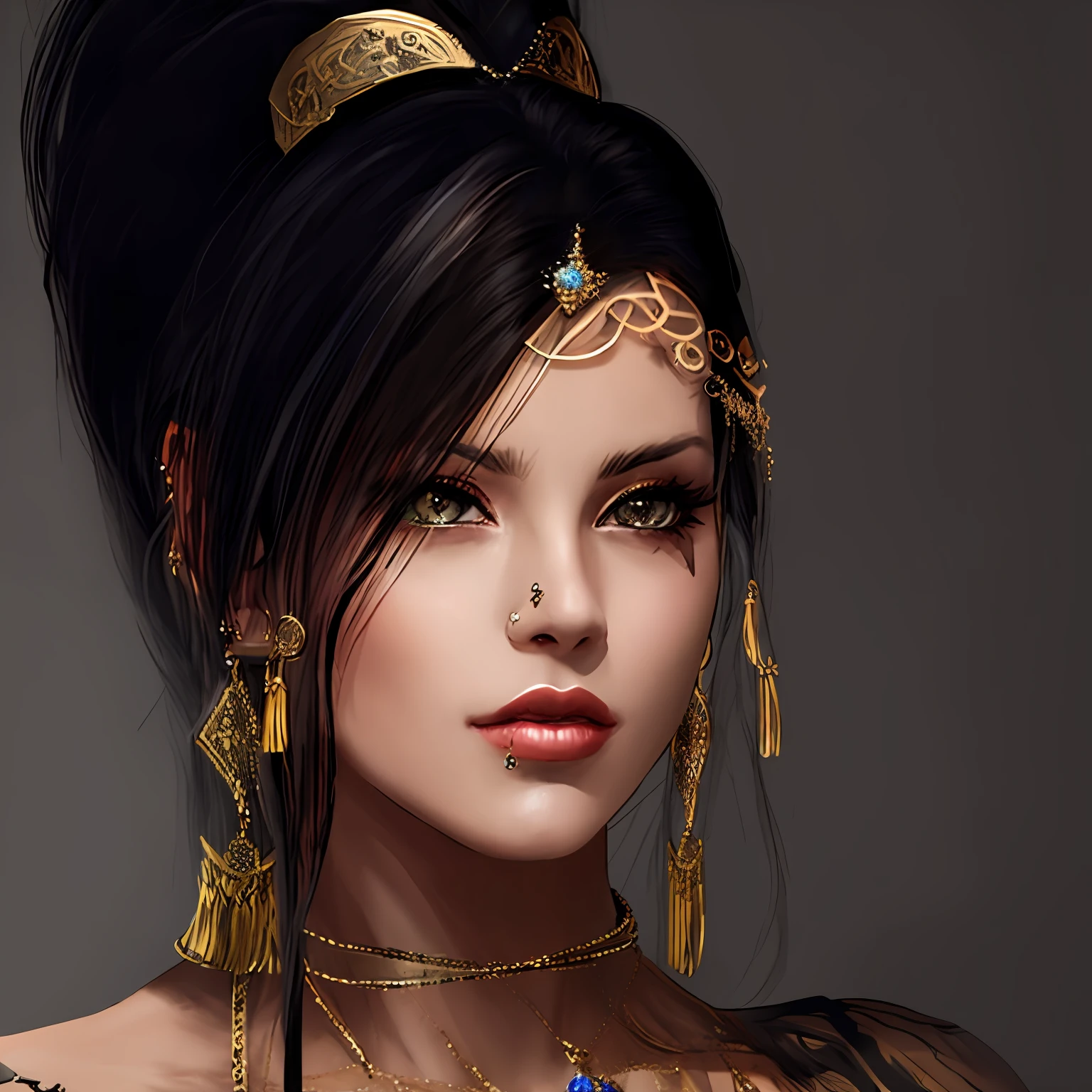 arafed woman with a piercing and a necklace on her neck, second life avatar, inspired by Ren Renfa, mesh headdress, with very highly detailed face, piercing gaze, alluring mesmer woman, wlop glossy skin, character close up, glamor profile pose, wearing gothic accessories, inspired in kris from deltarrune, cinematic goddess close shot