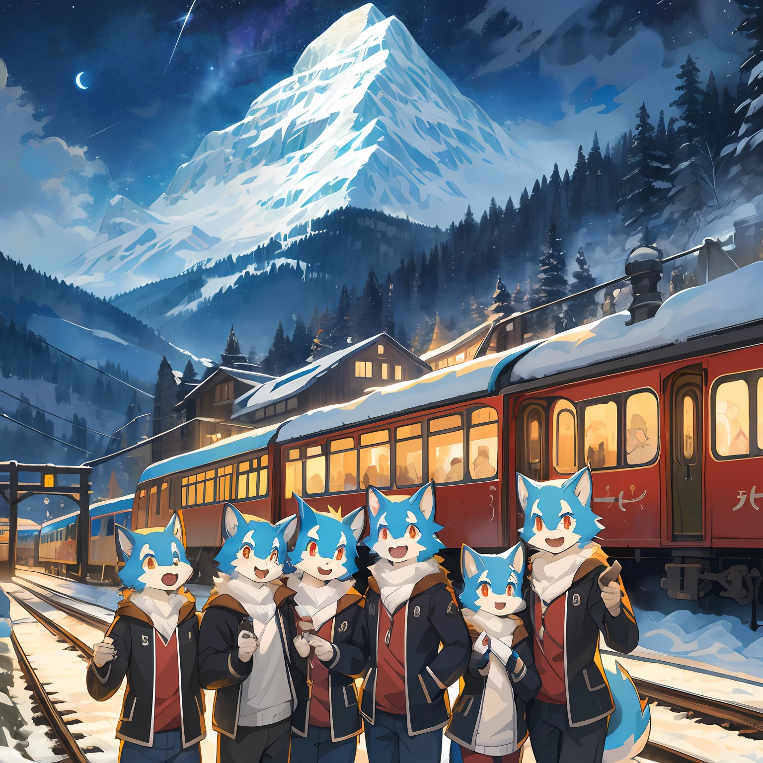 top quality, best quality, High-quality illustrations, masterpiece, super high resolution, detailed background, detailed background, Mountain railways in Switzerland, group shot, 6+boys, 6+girls, night sky, absurdres(highly detailed beautiful face and eyes)perfect anatomy(Photo of family trip)(kemono, furry anthro)selfie,