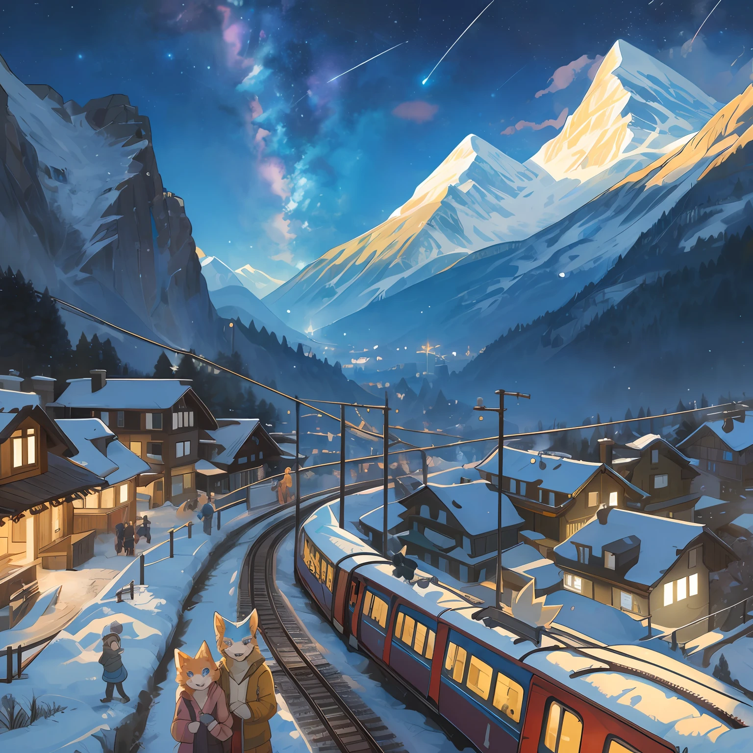 top quality, best quality, High-quality illustrations, masterpiece, super high resolution, detailed background, detailed background, Mountain railways in Switzerland, group shot, 6+boys, 6+girls, night sky, absurdres(highly detailed beautiful face and eyes)perfect anatomy(Photo of family trip)(kemono, furry anthro)selfie,