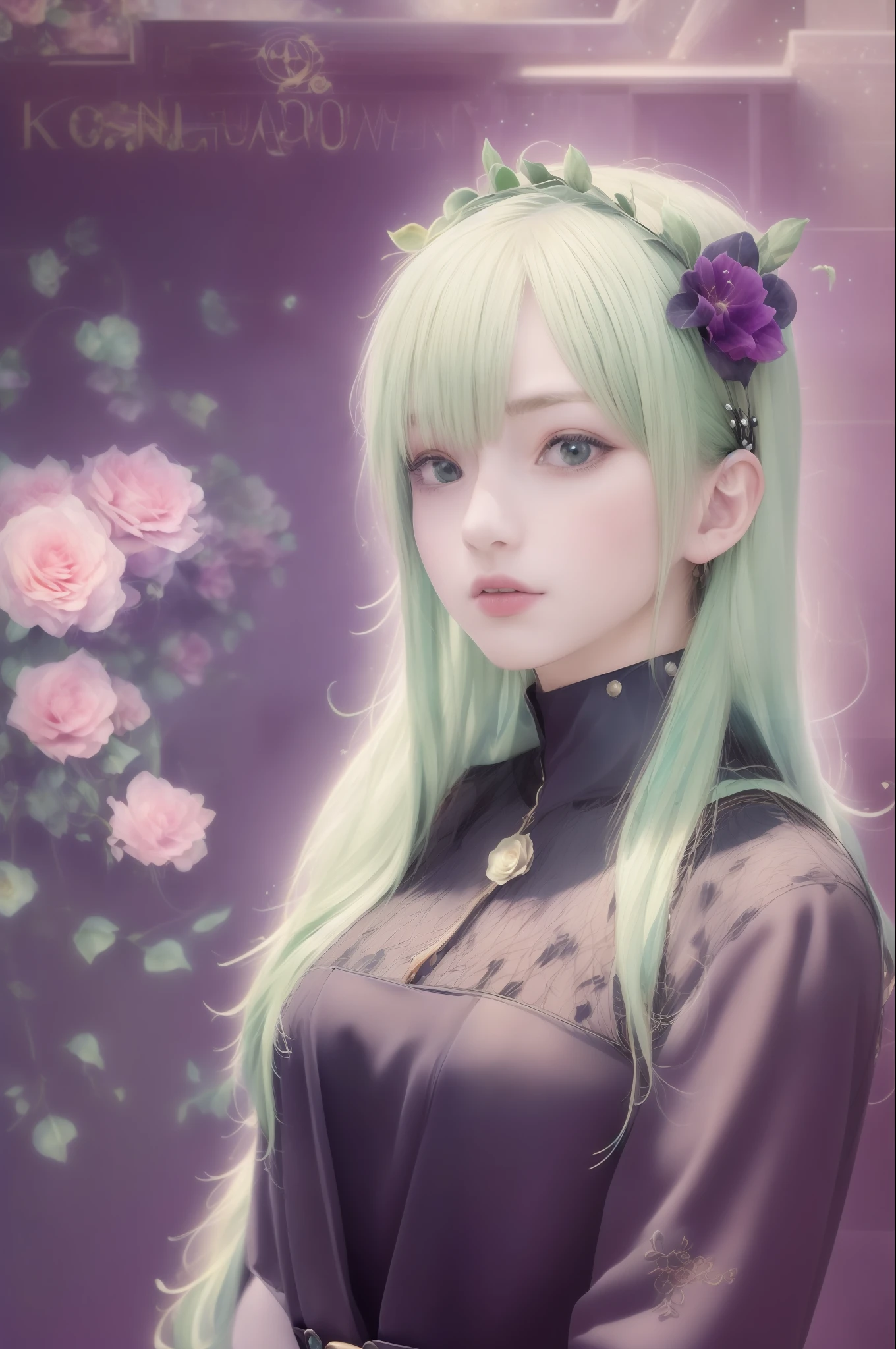 Photographic portrait of beautiful women, Sony α7, 35mm Lens, f1.8、((Konmutsuki_gacha_series1, punk_rosette))), cute girl, aqua color flowers, (full body), elegant flowers background, realistic photo, beautiful woman, Beautiful girl, beautiful background, charming girls, realistic 3d style, photo realistic render