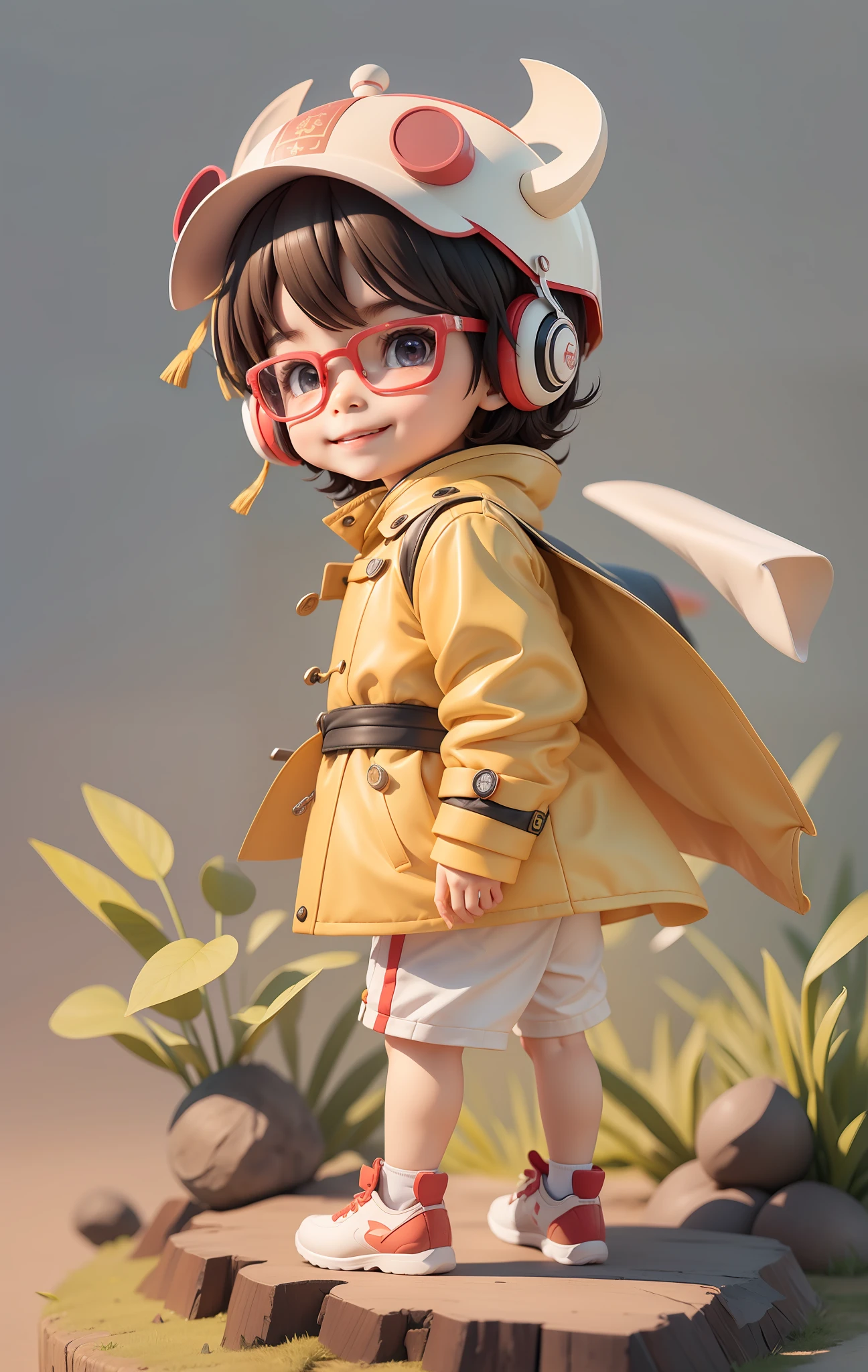(Masterpiece, best quality) Chinese zodiac, a cute little boy, wearing a dragon-type helmet, tech headset, tech glasses, smart watch, trendy trench coat, smart running shoes, delicate eyes, happy smile, clean background, delicate gloss, 8k