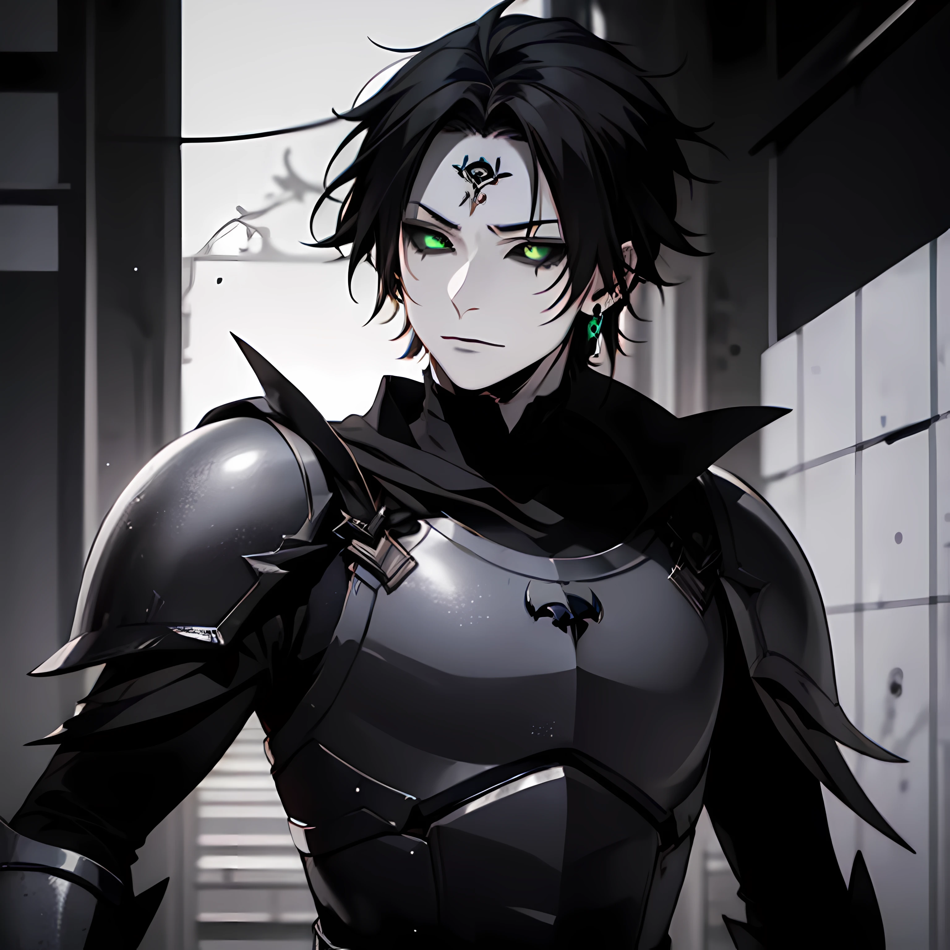 1boy, white boy, white boy, pale skin, ((gray skin)),eighteen years old, white skin, male focus, no wrinkles, (((black hair)), 【Feature】Black Sclera, green eyes, earring, wearing armor darkness, skull in armor