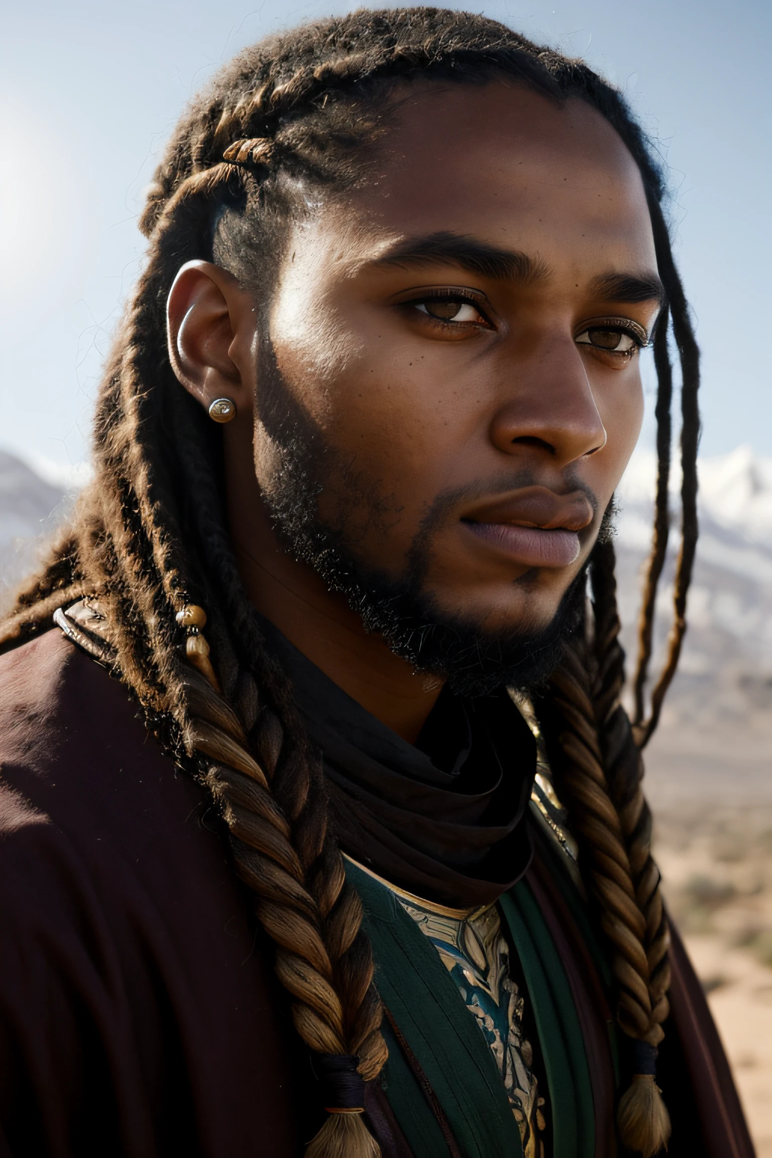 close up portrait of a 26 year-old confident blasian dark-skinned medieval fantasy nobleman, almond-shaped eyes, gorgeous hazel-colored eyes, very long hair, dutch braids and dreadlocks, chin strap beard, intense and fierce look, steadfast expression, athletic, strong, rich traditional fantasy north african nobleman's clothes, in a fantasy north african palace, (backlighting), realistic, masterpiece, highest quality, lens flare, shade, bloom, [[chromatic aberration]], by Jeremy Lipking, by Antonio J. Manzanedo, digital painting