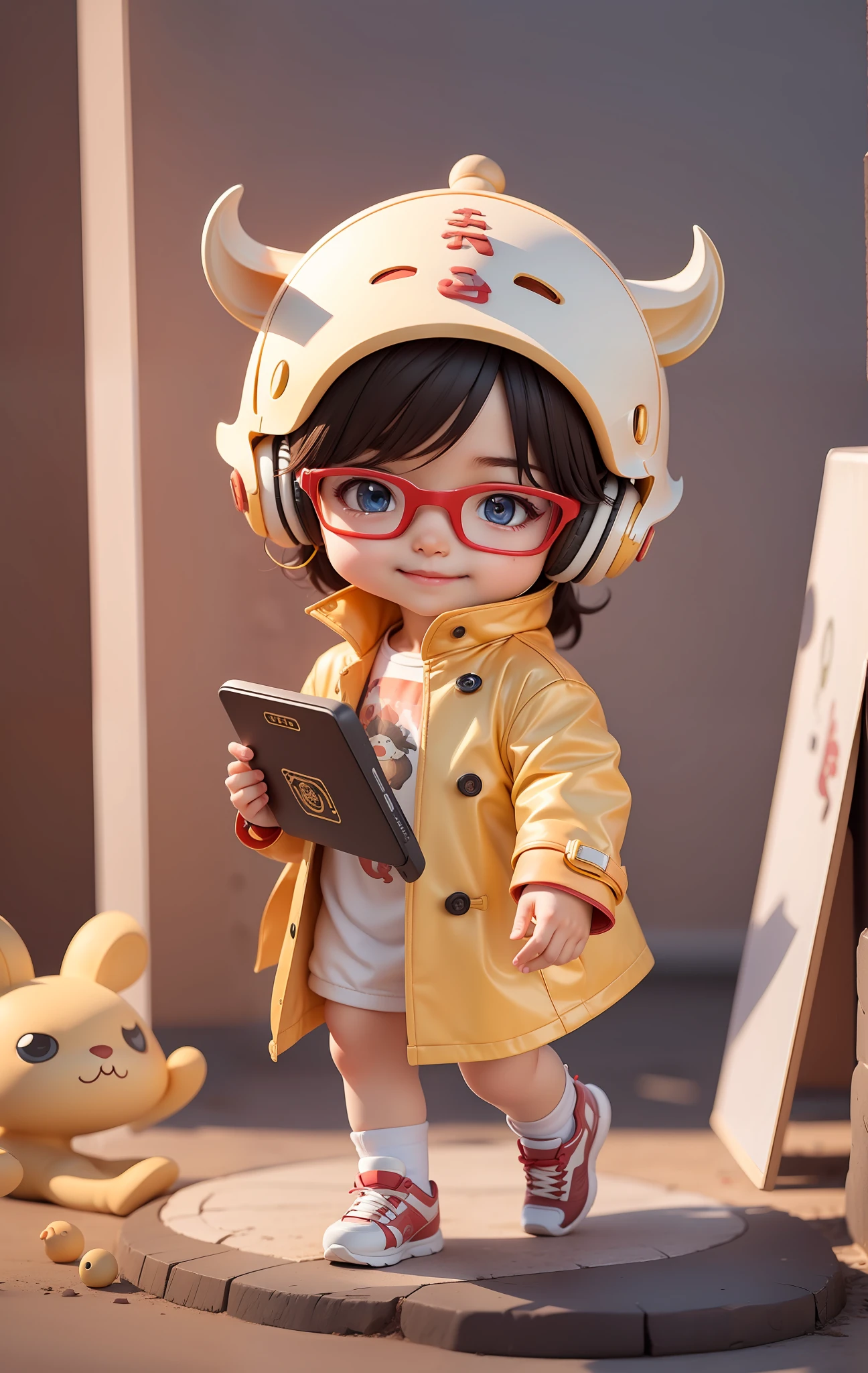 (Masterpiece, best quality) Chinese zodiac, a cute little boy, wearing a dragon-type helmet, tech headset, tech glasses, smart watch, trendy trench coat, smart running shoes, delicate eyes, happy smile, clean background, delicate gloss, 8k