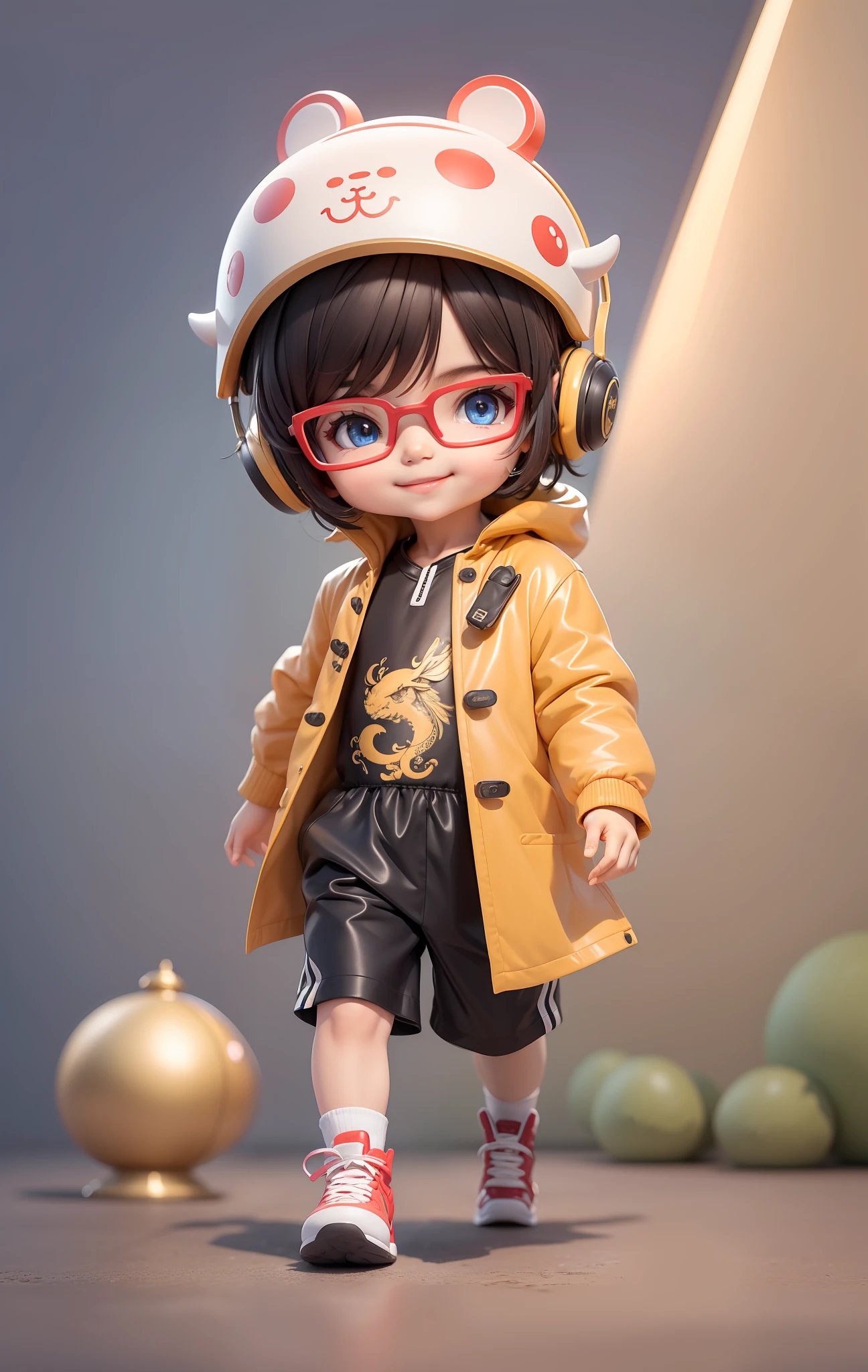 (Masterpiece, best quality) Chinese zodiac, a cute boy, wearing a dragon-type helmet, tech headset, tech glasses, smart watch, trendy trench coat, smart running shoes, delicate eyes, happy smile, clean background, delicate gloss, 8k