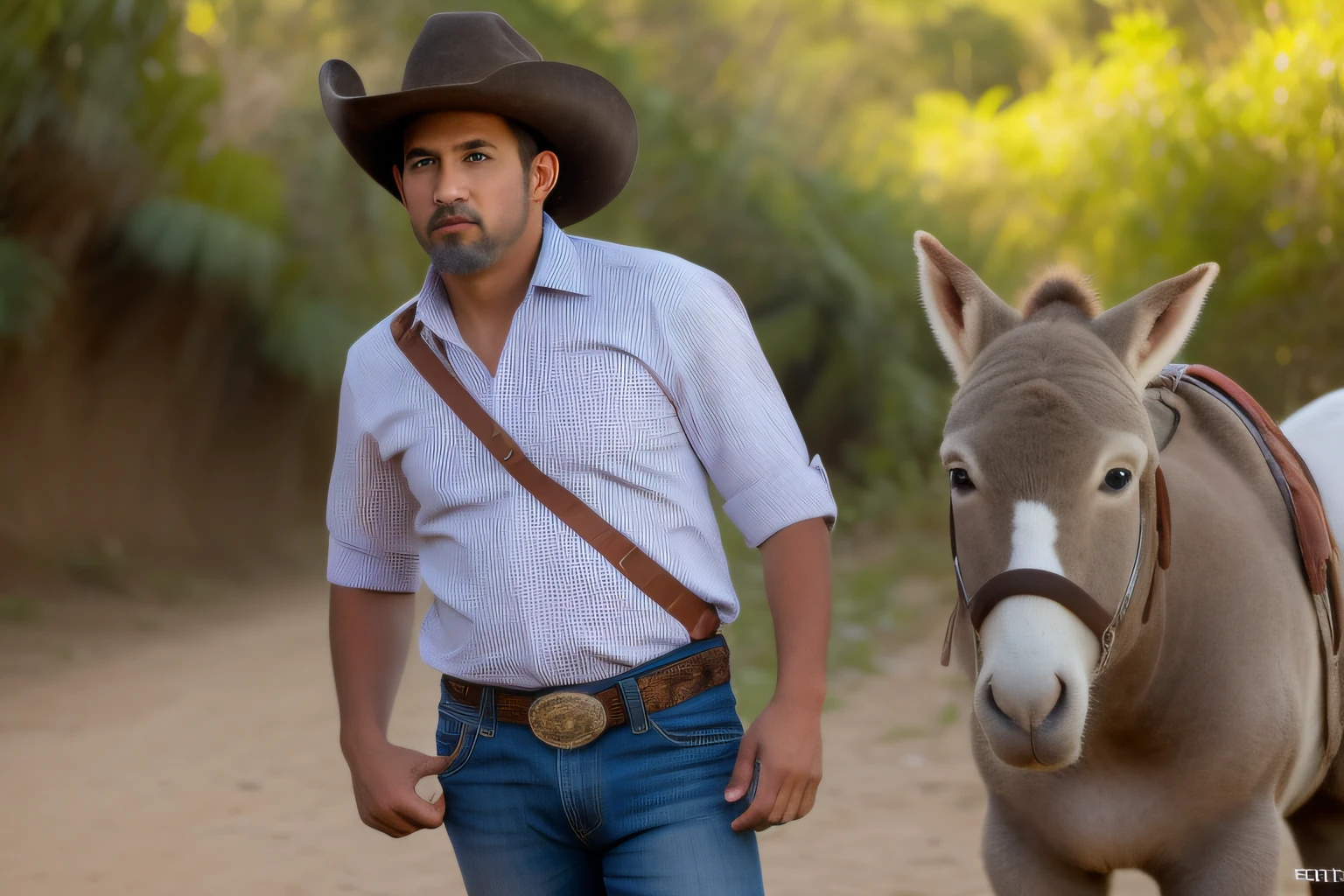 foto de 400mm, Homem burro, rude, Roupa de cowboy, Fundo selvagem do oeste selvagem, twilights, thirds rule,