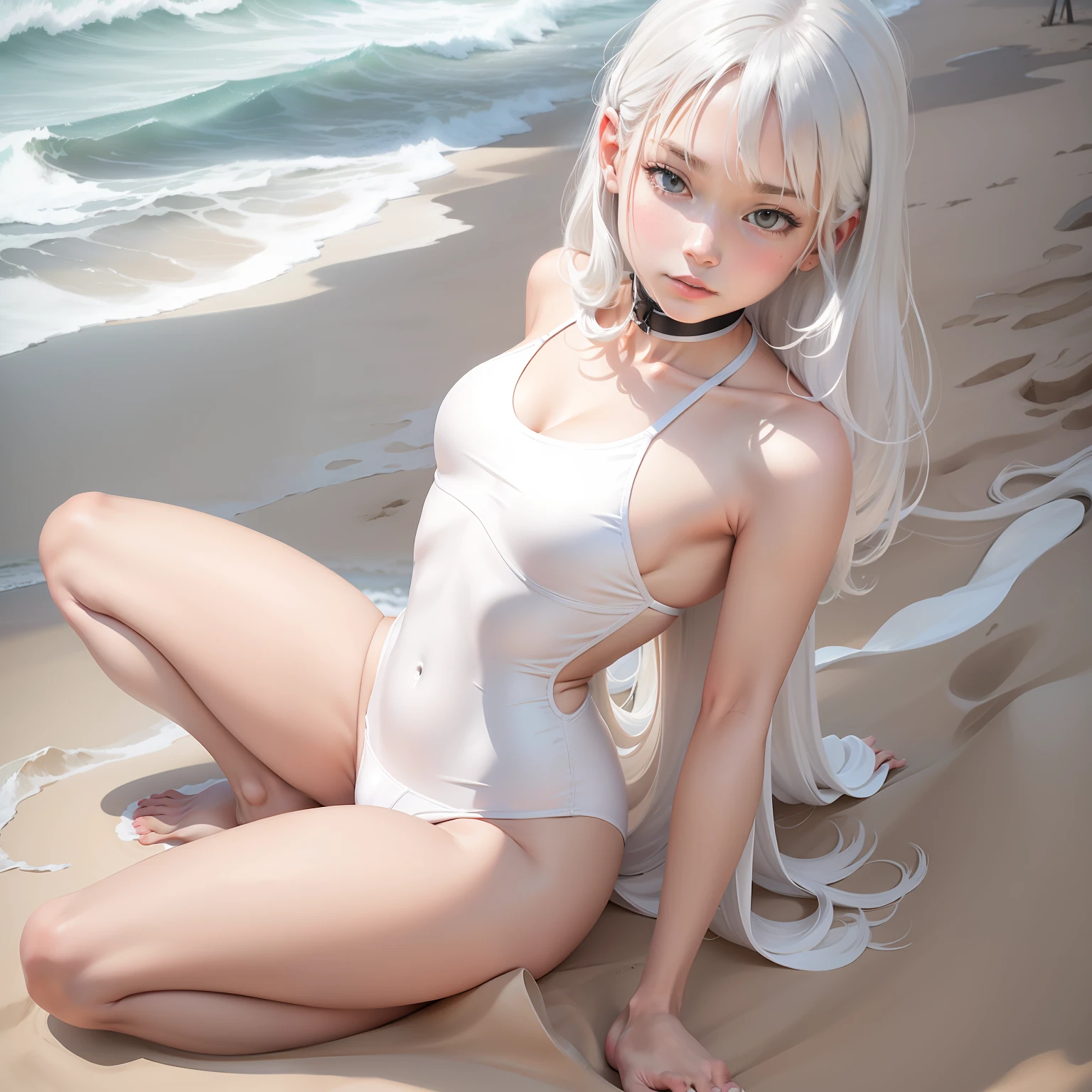 solo person，whaite hair，white swimsuits，sandbeach，Side sitting，White hair