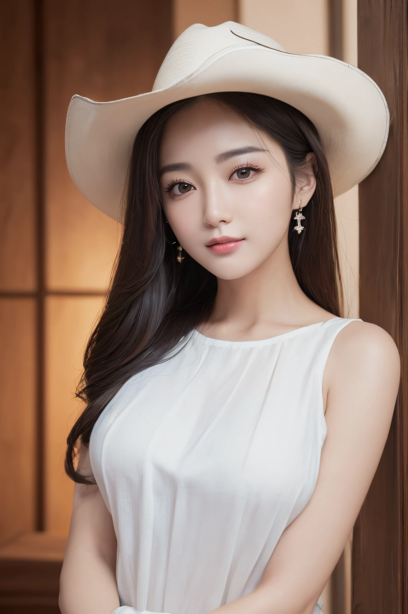 ((best qualtiy、8k masterpieces:1.3))、foco nítido:1.2、(ultra beautiful faces:1.0)、(shinny skin:1.0)、photos realistic、A dark-haired、Video Lighting、High-definition eyes and face、Video Lighting、(cowboy shot:1.3)、(Korean Cute Actress)、from the front side、medium large breasts、ssmile、Sleeveless、Wearing a white blouse