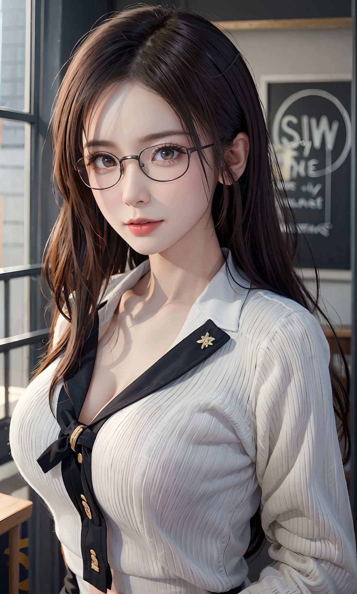 （RAW photos：1.2），high high quality，Beautiful Meticulous Girl，Highly detailed eyes and face，beatiful detailed eyes，hugefilesize，A high resolution，8k wallpaper，finely detailled，Highly detailed stock code uniform 8k wallpaper，light in face，电影灯光，16 year old girl，A sexy pose，（photo-realism：1.4），illustratio，ultra-realistic realism，super detailing， tmasterpiece， Current School Classroom，On the podium，teachers，Wear a school uniform，wears glasses，Bigchest，low chest，