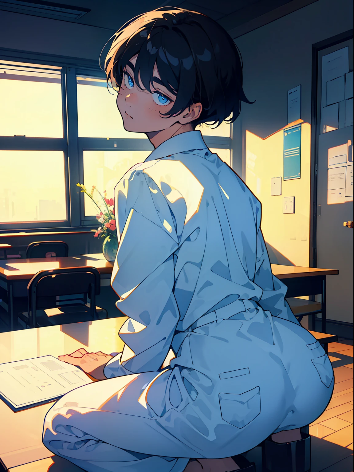 ((Best quality, Masterpiece, Ultra-detailed CG unity 8k wallpaper)),A cute boy who looks good, A youthful breath, blue color eyes, Pear Swirl smiled, Eyebrow teasing, Every step is filled with aura,Immortal back, White shirt, Suit pants, ‎Classroom/libraryai, The lens is tilted, Unique squatting position,Moe round buttocks, Shy, Do you dare to look, Look back in disgust, The boy couldn't hide his shyness, M bangs, Beautiful natural style, The colors are soft and bright，Black color hair，Expression of disgust