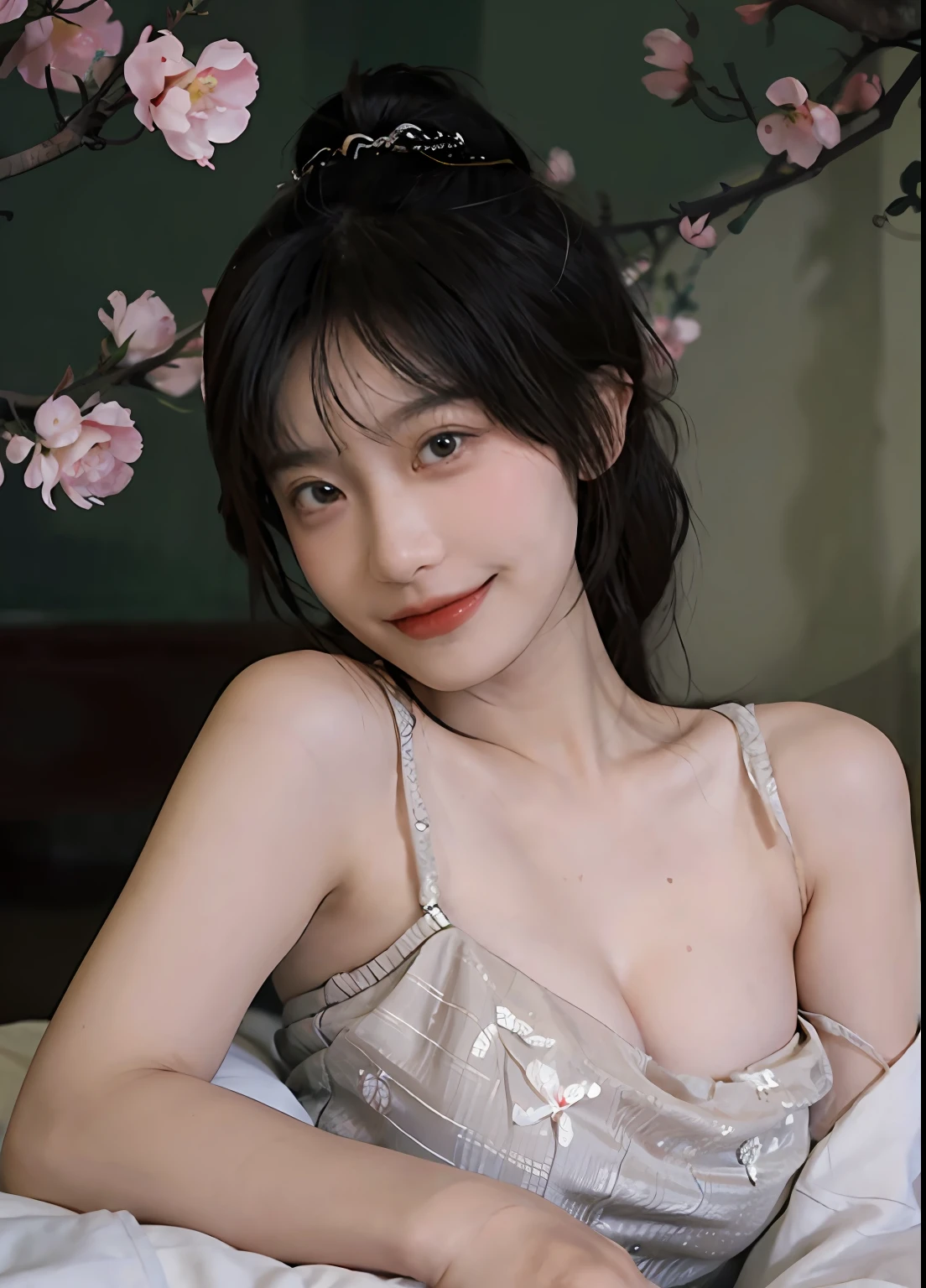 best qualtiy, 超高分辨率, (realisticlying:1.4), one-girl, A pair of clear and moving peach blossom eyes,Royal Sister,(full bodyesbian:1.2)a sense of atmosphere,a beauty girl, ssmile,(huge tit:1.2),(full bodyesbian:1.2) looking at viewert, closeup cleavage ,Peach Blossom Forest,