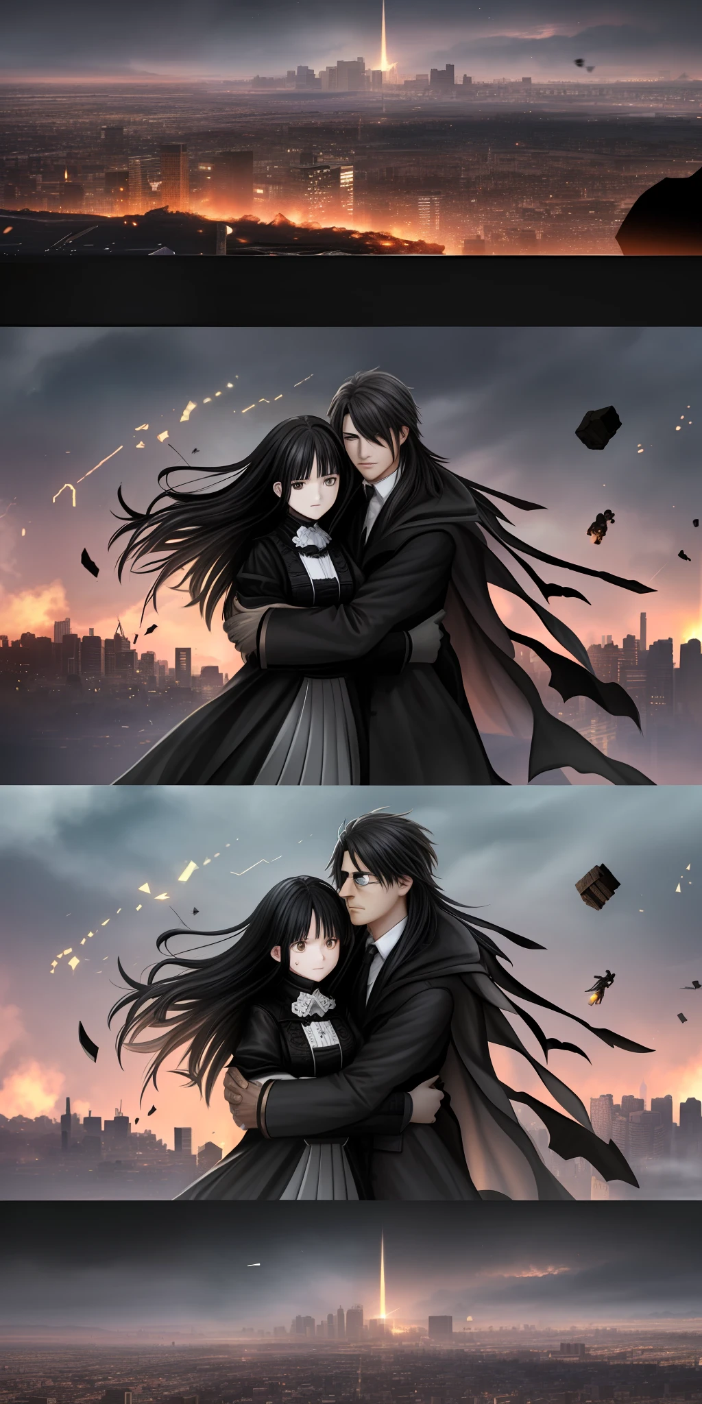 (couple cuddling) This is a CG Unity 8k wallpaper，With ultra-detailed detail, 2 girl, black hair, a dark coat, black eyes, monocle, broken mirror ground, overlook, large scene of city, flying glass debris and paper fragments, flying stones, ((strong winds)), ruins, science fiction, complex details, and high quality