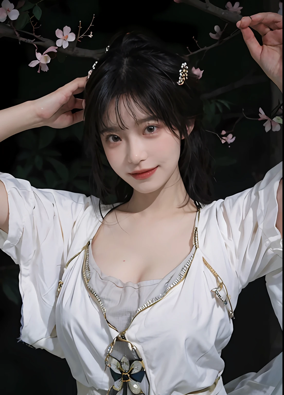 best qualtiy, 超高分辨率, (realisticlying:1.4), one-girl, A pair of clear and moving peach blossom eyes,Royal Sister,(full bodyesbian:1.2)a sense of atmosphere,a beauty girl, ssmile,(huge tit:1.2),(full bodyesbian:1.2) looking at viewert, closeup cleavage ,Peach Blossom Forest,