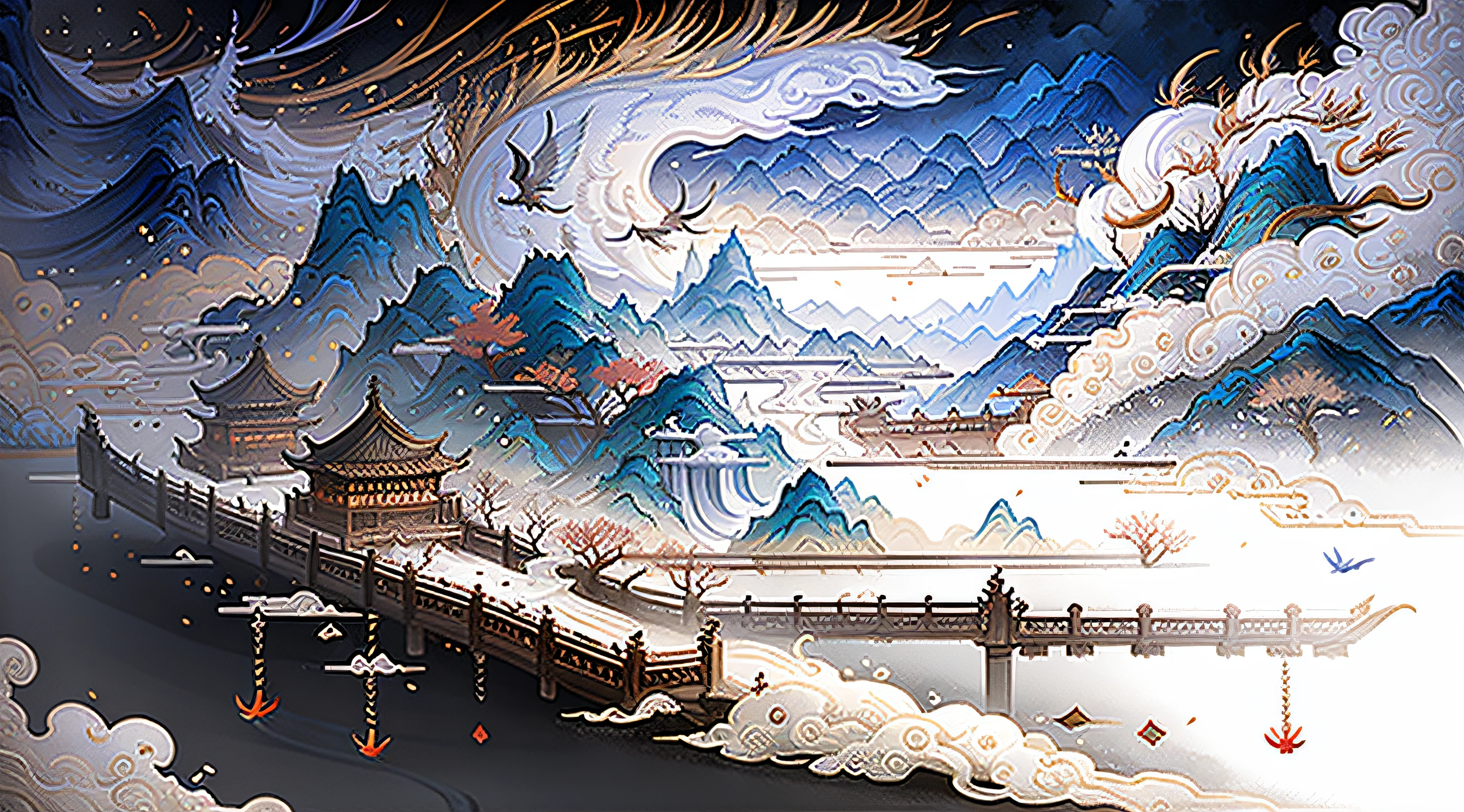 Ancient Chinese scenery, mountains, rivers, auspicious clouds, sunshine, white background, masterpiece, super detail, epic composition, Ultra HD, high quality, extremely detailed, official art, unified 8k wallpaper, Super detail, 32k -- v 6