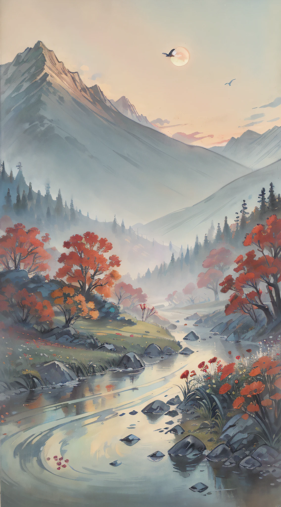 A painting of flowers and birds, the painting is a lot of flowers blooming on the ground, mountains and rivers, woods, hills, a red full moon in the sky, (do not appear figures)