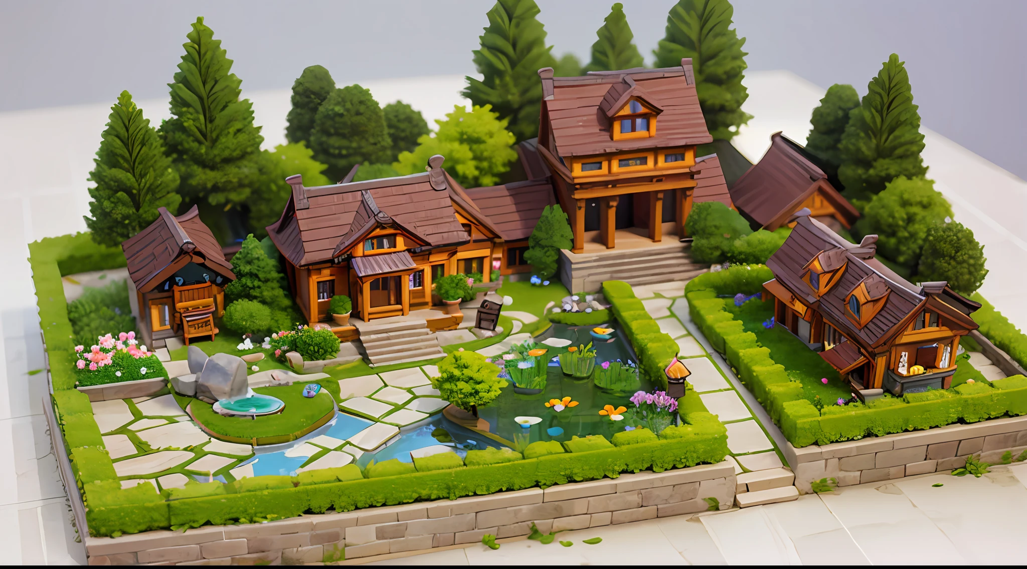 diorama、miniature garden、３D、Duan、​masterpiece、top-quality、Top image quality、Flower Garden、mansion、Eau、