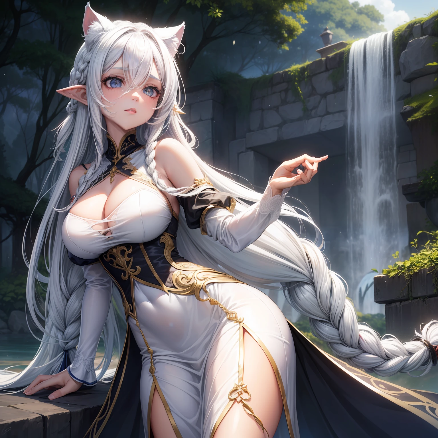Mulher Milf madura com corpo volumoso e sedutor em uma floresta durante a chuva intensa e agressiva, Huge drops of water fall from the sky, rosto maduro e adulto com um olhar vazio e triste, arvores enormes, destaque nos seios, roupa branca e cinzenta com detalhes dourados transparente, (nu:1.2), vestido branco transparente, pele molhada, cabelo molhado, orelhas de gato, White braided rapunzel hair, olhos cinzentos pretos, ((olhos pretos), (olhos pretos), seios gigantescos, peituda, , Forest with shrubby trees, folhas caindo, vendaval(obra-prima: 1.2, melhor qualidade), (belos olhos finamente detalhados: 1.2),olho pretos e vermelho ((Heterocromia)), (fundo detalhado, fantasia escura), (rosto bonito e detalhado), Alto contraste, (best ilumination, extremamente delicado e bonito), ((cinematiclight )), Colouring, hiperdetalhe, dramatic light, detalhes intrincados, (1 garota, sozinho, Rapunzel's white hair braided with cat ears and demon horns, olhos pretos e vermelhos, cabelo entre os olhos, dinamic angle), (White Rapunzel hair with extremely long braids), corpo volumoso com seios e busto enormes, (respingos de sangue: 1.4), luz negra rodopiante ao redor do personagem, profundidade de campo, frio, Calculating the expression ;