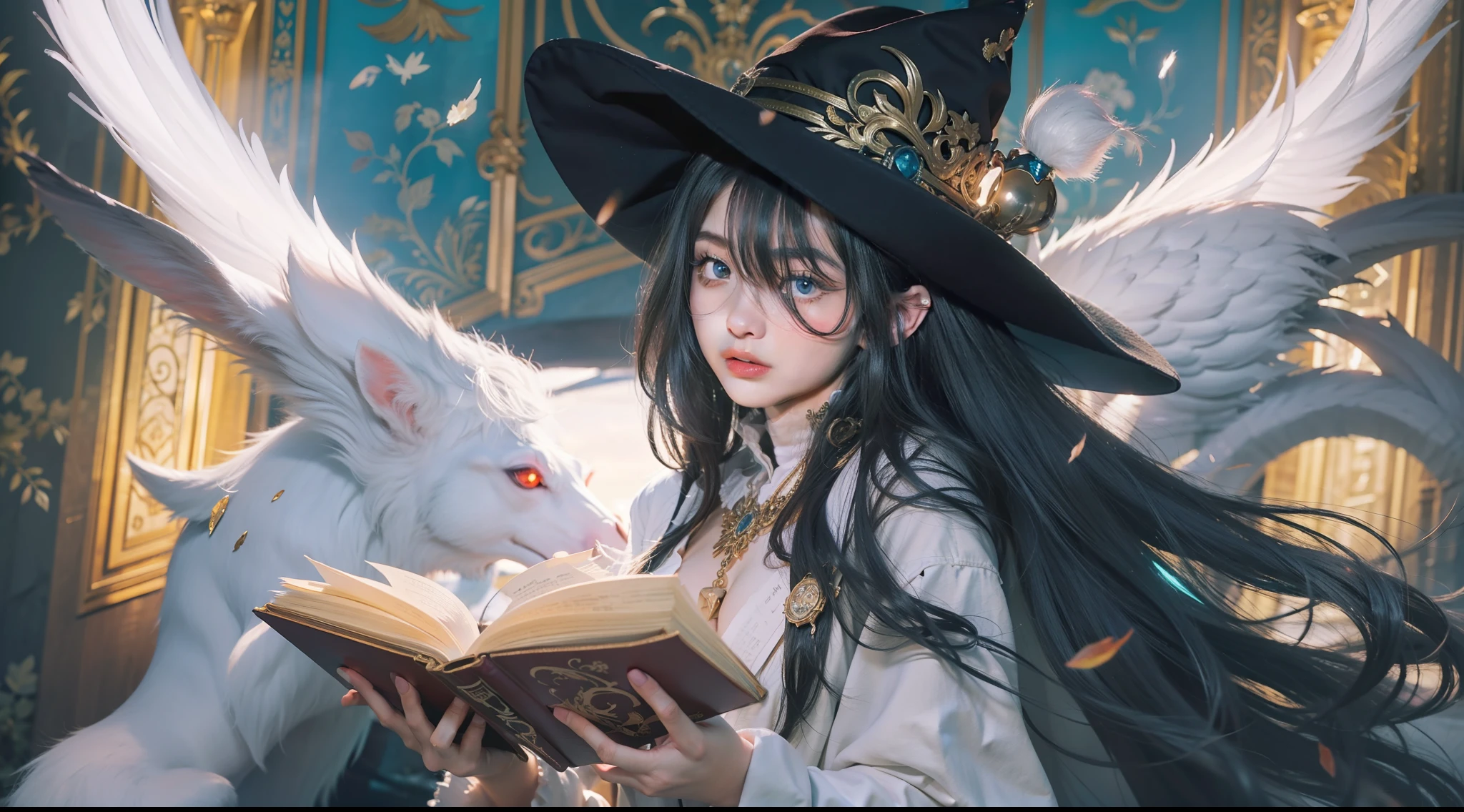 Magic Book,Blood,Night, Dark, (Fantasy),infinite,deep blue sky,The abyss of knowledge,Cowledge,((masutepiece)), (((Best Quality))),((Beautiful fine eyes)),(Eye lashes)、Very beautiful face、Beautiful girl riding white unicorn、(1人)、Black hair、The long-haired、abyss eyes、glowy skin、oils、small tits、Perfect human body structure、Wizard robes、tattered cloth、Realistic coat、Tee、Super delicate CG Unity 32k wallpaper、masterpiece, ((ultra-detailliert)), ((illustratio)),colourfull,wall-paper,The energy,Unknown terror,Incomprehensible,Around the magic,Magical surroundings,magic wands,Boken,Flying pages,Know everything,Predict the future、Get to know the past、Infinite wisdom、blue flames、Warlock、magic circles、Pentagram、Spells、mantra、Singing magic