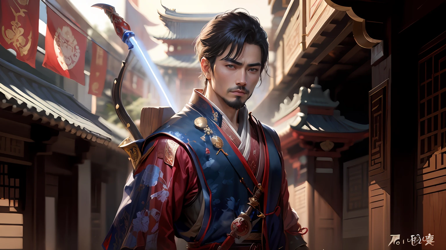 arafed man in a red and blue outfit holding a sword, inspired by Dai Jin, handsome prince of persia, clothed in old samurai uniform, inspired by Wuzhun Shifan, inspired by Cao Zhibai, inspired by Hu Zaobin, male character, masamune shiro, inspired by Li Kan, taisho roman, cinematic full character