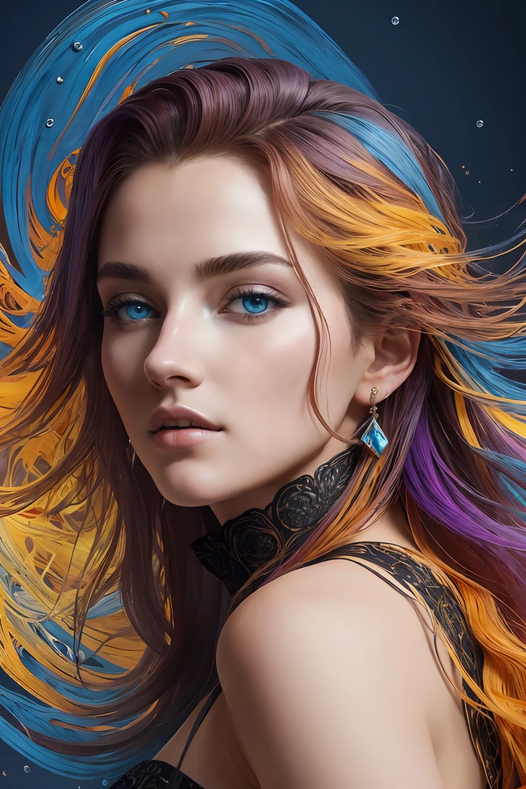 Colorful beautiful girl: a giru 18-years old, messy hair, oil painting, nice perfect face with soft skinice perfect face, blue yellow colors, light purple and violet additions, light red additions, intricate detail, splash screen, 8k resolution, masterpiece, cute face,artstation digital painting smooth veryBlack ink flow: 8k resolution photorealistic masterpiece: intricately detailed fluid gouache painting: by Jean Baptiste Mongue: calligraphy: acrylic: watercolor art, professional photography, natural lighting, volumetric lighting maximalist photoillustration: by marton bobzert:, complex, elegant, expansive, fantastical, wavy hair, vibrant, Best quality details, realistic, High definition, High quality texture, epic lighting, Cinematic film still, 8k, soft lighting, anime style, masterful playing card border, random Colorful art, oil painting, blue yellow colors, light purple and violet additions, light red additions, intricate detail, splash screen, 8k resolution, masterpiece, artstation digital painting smooth veryBlack ink flow: 8k resolution photorealistic masterpiece: intricately detailed fluid gouache painting: by Jean Baptiste Mongue: calligraphy: acrylic: watercolor art, professional photography, natural lighting, volumetric lighting maximalist photoillustration: by marton bobzert:, complex, elegant, expansive, fantastical, vibrant