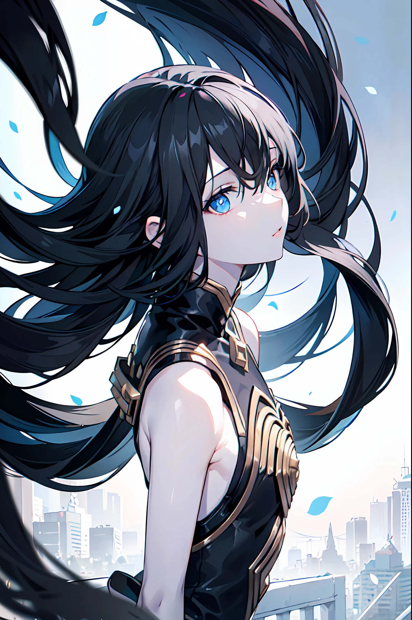 1girl, (solo:1.2), ((masterpiece)), slim, small chest, pale skin, ((detailed eyes)), (bokeh effect), (dynamic angle), black hair, long hair, (exterior), blue eyes