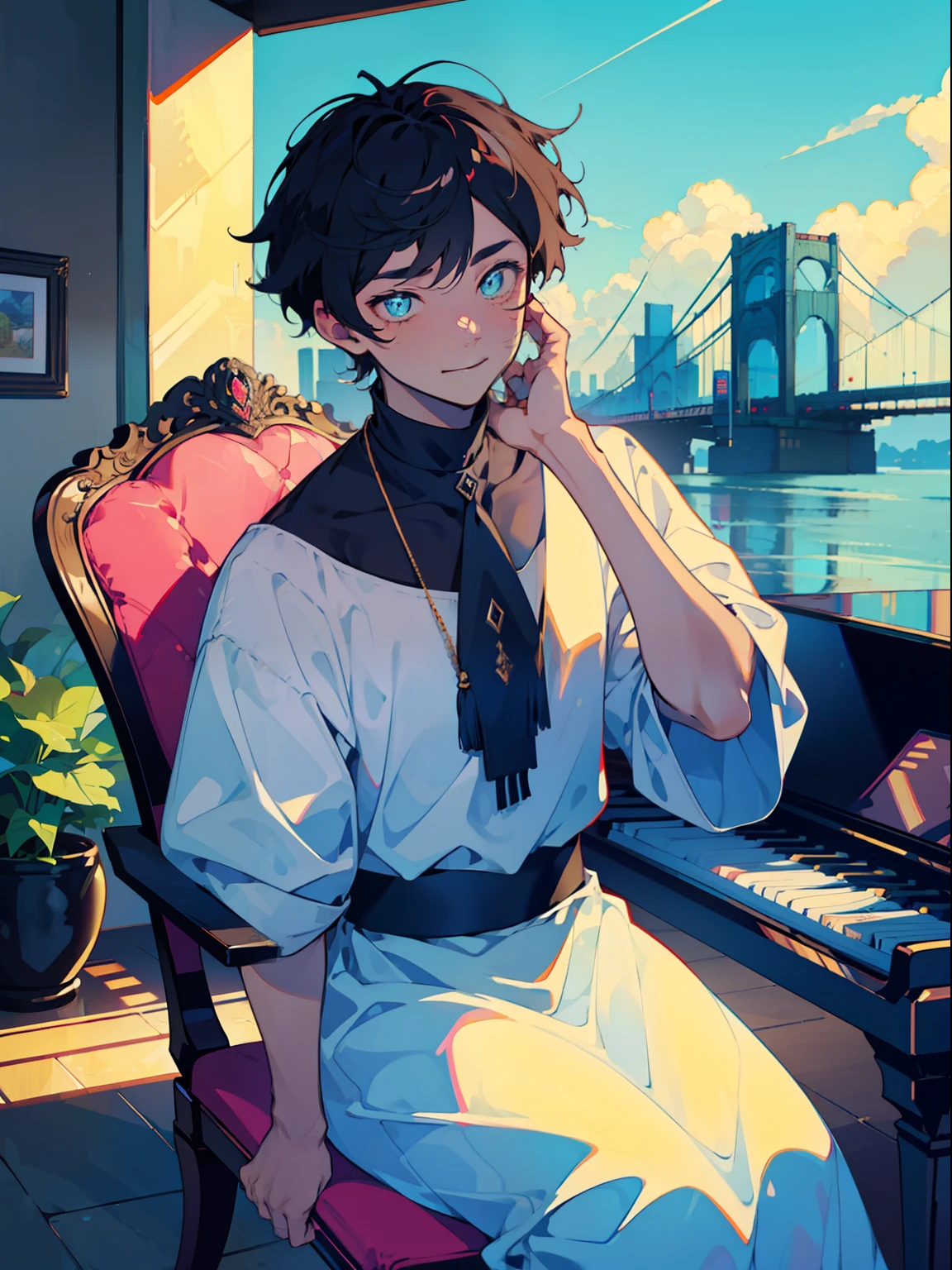 (Best quality, Masterpiece, Ultra-detailed CG unity 8k wallpaper)),A cute boy who looks good, A youthful breath, blue color eyes, Pear Swirl smiled, Eyebrow teasing, Every step is filled with aura，Sat proudly in a chair，The camera starts at the foot and goes up，The foot is very close to the lens，black color hair，fluffly，A look of disgust。