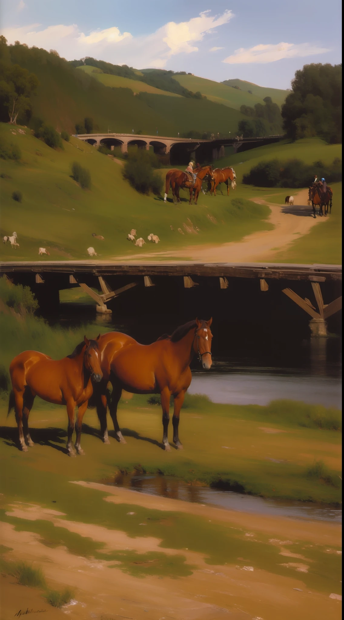 an oil painting of a beautiful landscape, with river, bridge, with horses, and sunset, style Blanchard, Antoine