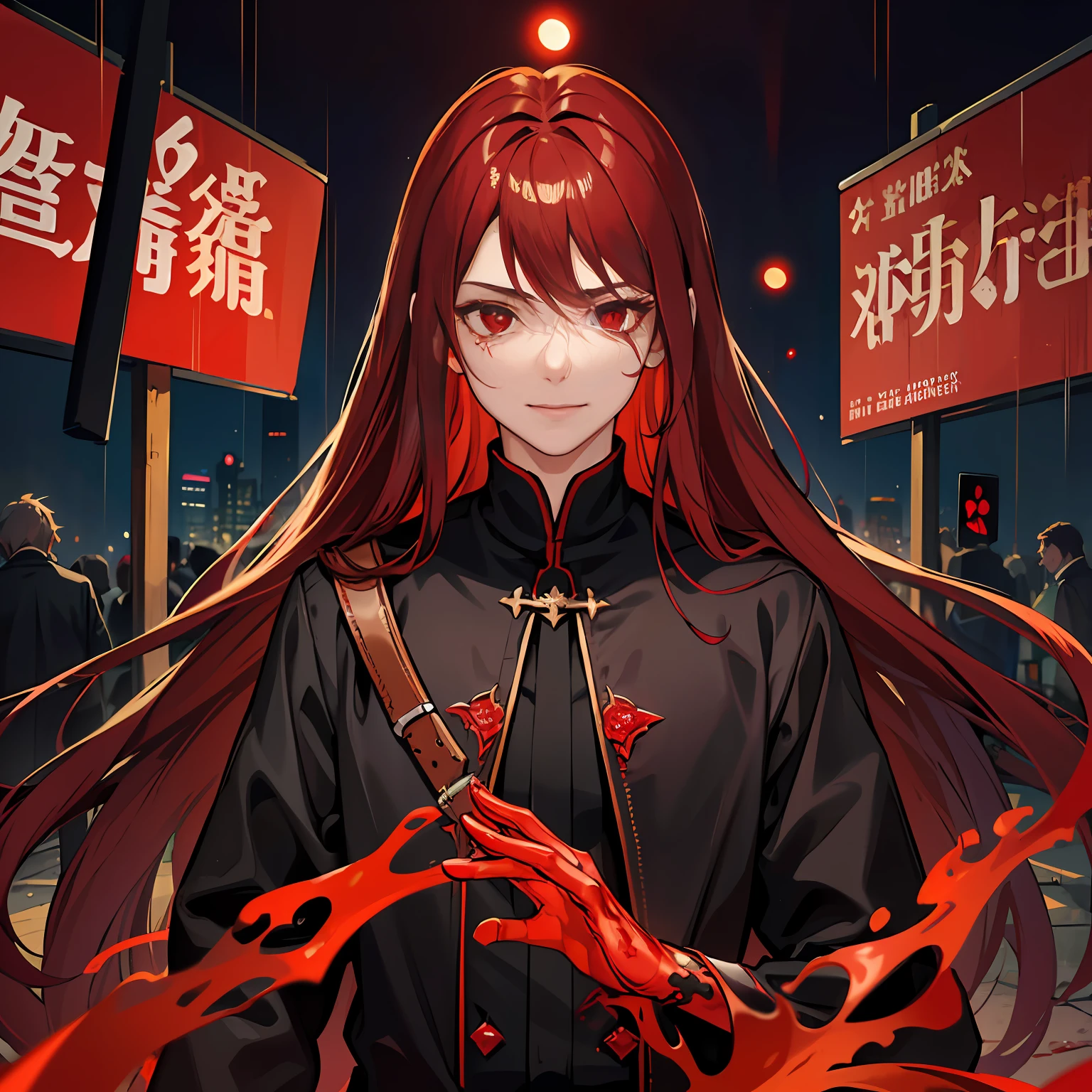 (absurd, highres, ultra-detailed),((human)),((((male teen)))), finely detailed eyes, ((dark red hair)), complex pattern, detailed face, magic effect, best proportion four fingers and one thumb, blood, red aura, smile, closed mouth, ((glowing red eyes)), torn clothes, cassock, demon tail, walking in a city, bloody hands, crying blood, macabre, gothic, ((long hair)), heavy rain, night, dark, blood moon, only 1 people, mask