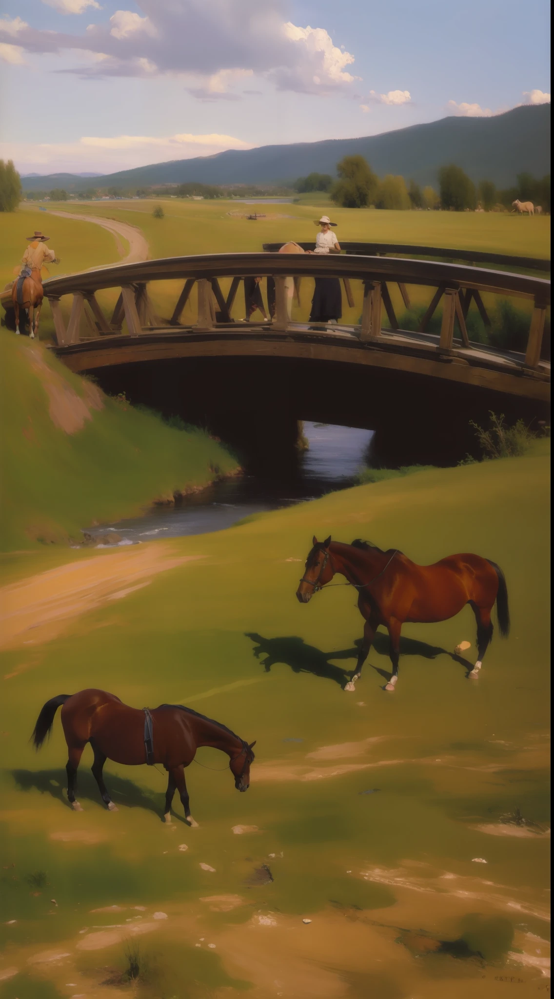 an oil painting of a beautiful landscape, with river, bridge, with horses, and sunset, style Blanchard, Antoine