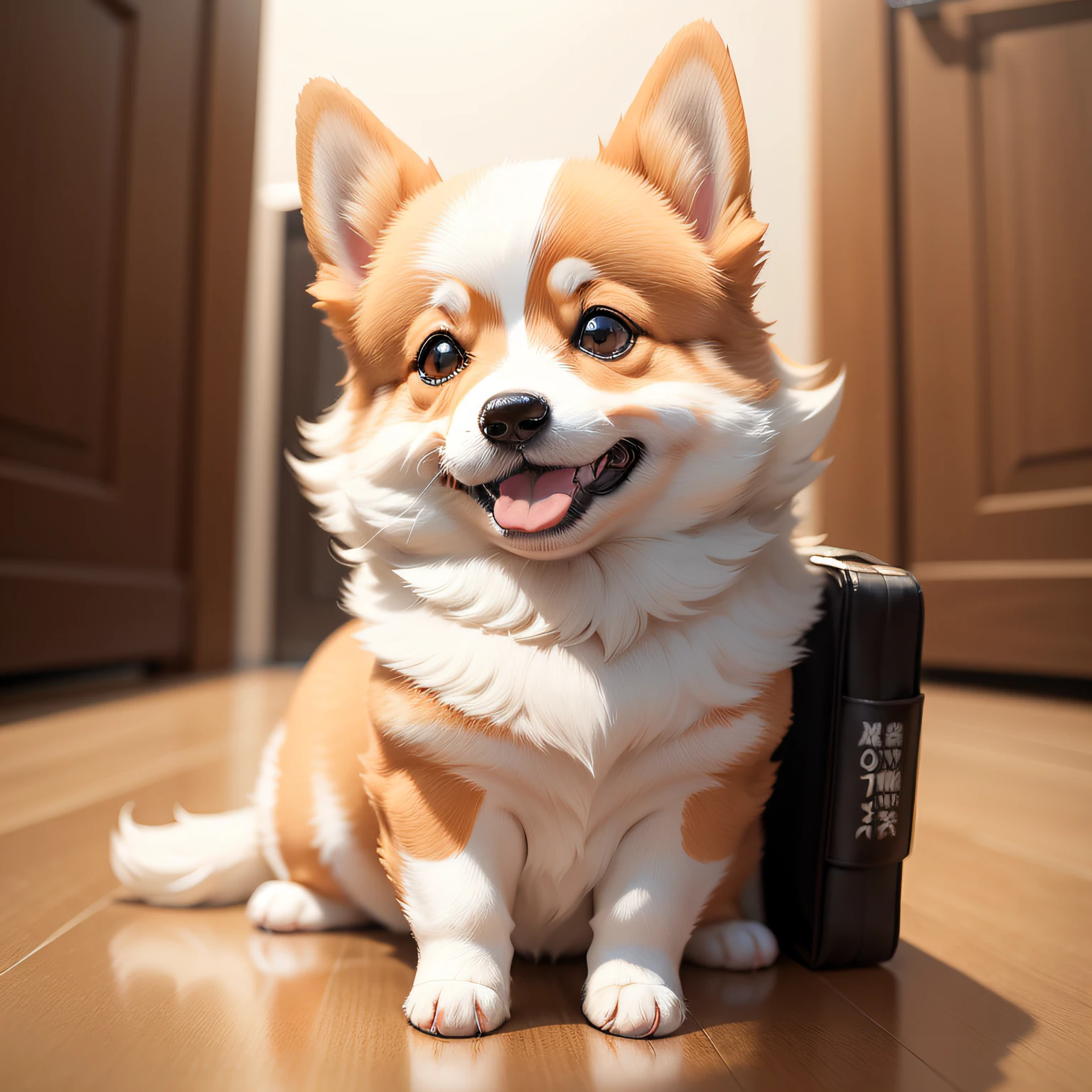 tmasterpiece，Best quality at best，KP style，Cute smiling corgi dog，simple backgound，Too much。