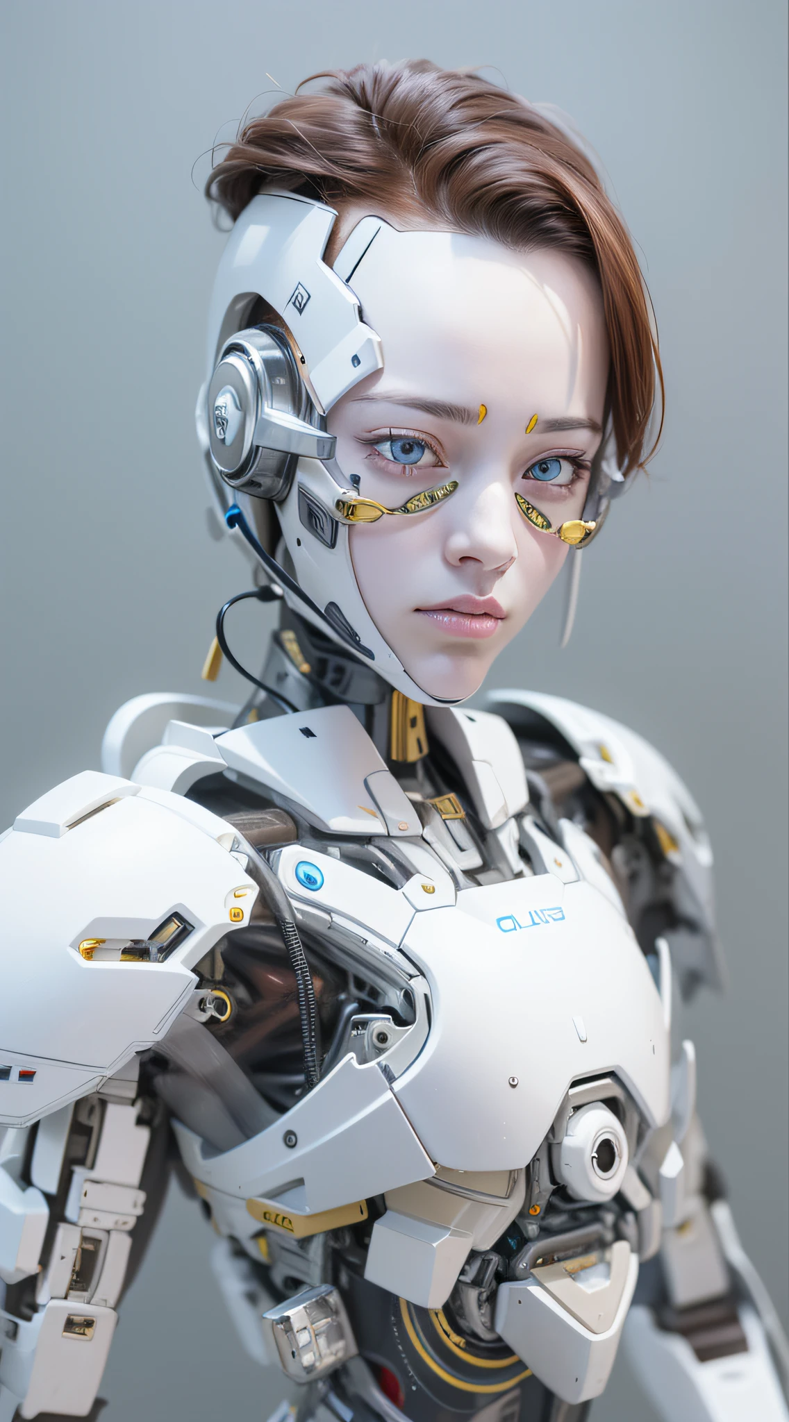 "Araffed Cyborg with high-resolution white plastic details, olhos azuis claros."