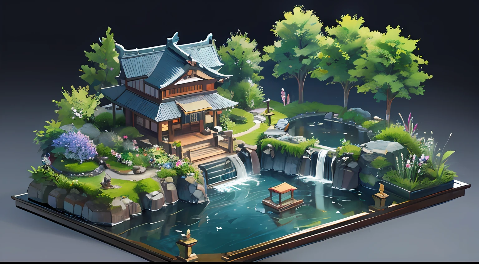 diorama、miniature garden、３D、​masterpiece、top-quality、Top image quality、A Japanese style、mansion、Water channels、Waterwheel、Flower Garden、Beautiful fece、beautiful water、Water mains